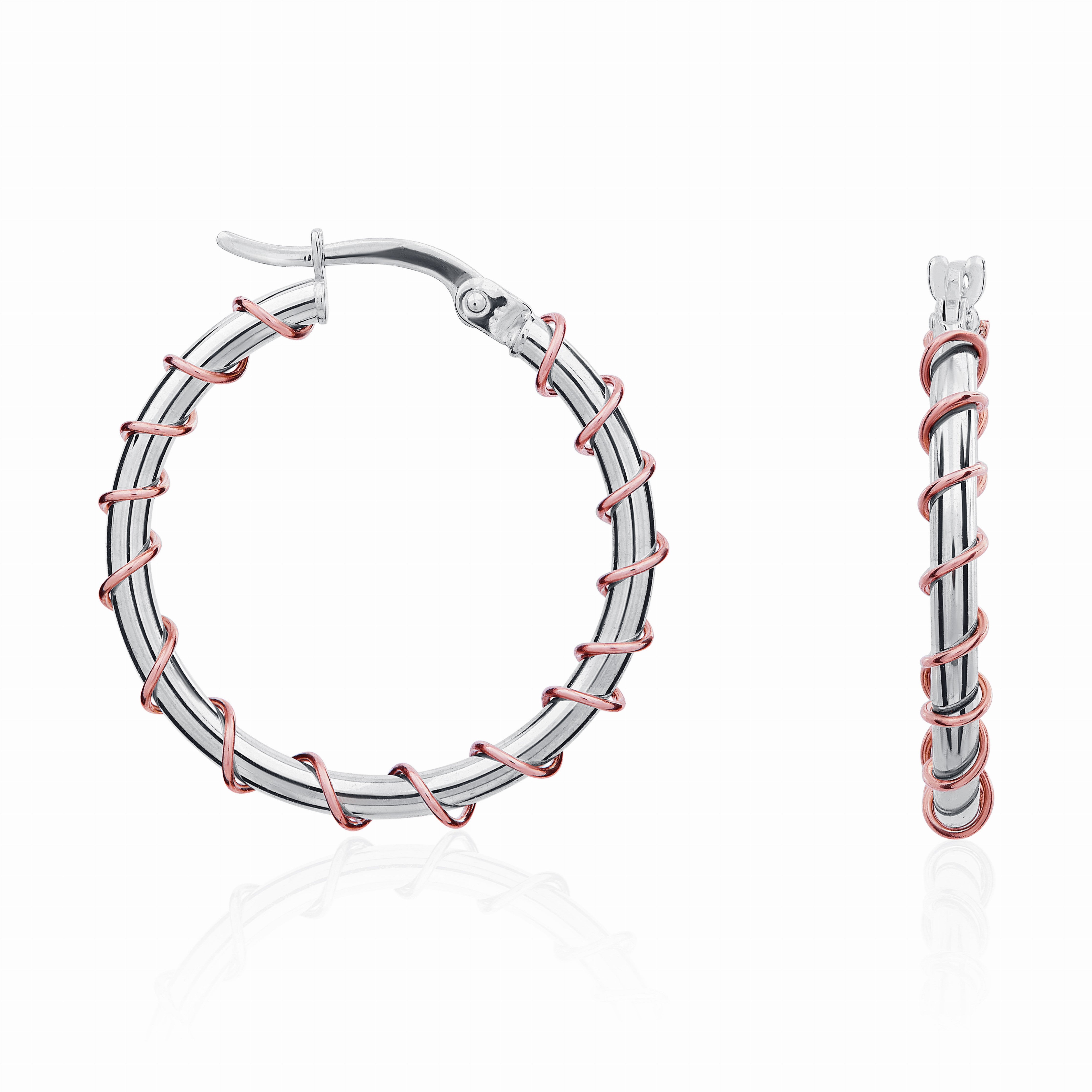 9CT WG ROUND HOOP EARRINGS WITH ROSE GOLD WIRE TWIST DETAIL