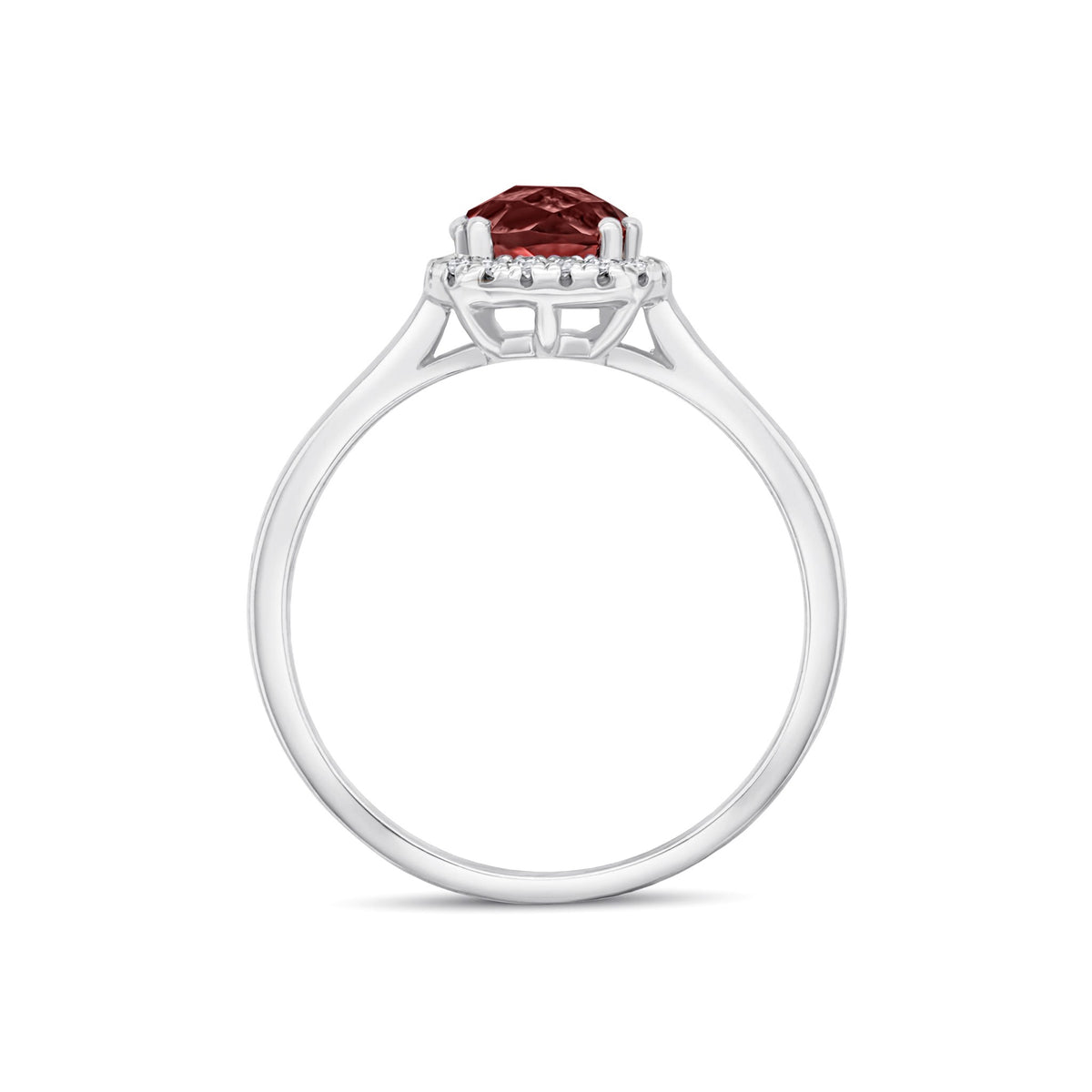 9CT WG 6MM CHECKERBOARD CUT CUSHION GARNET AND ROUND DIAMOND CLAW SET CLUSTER RING