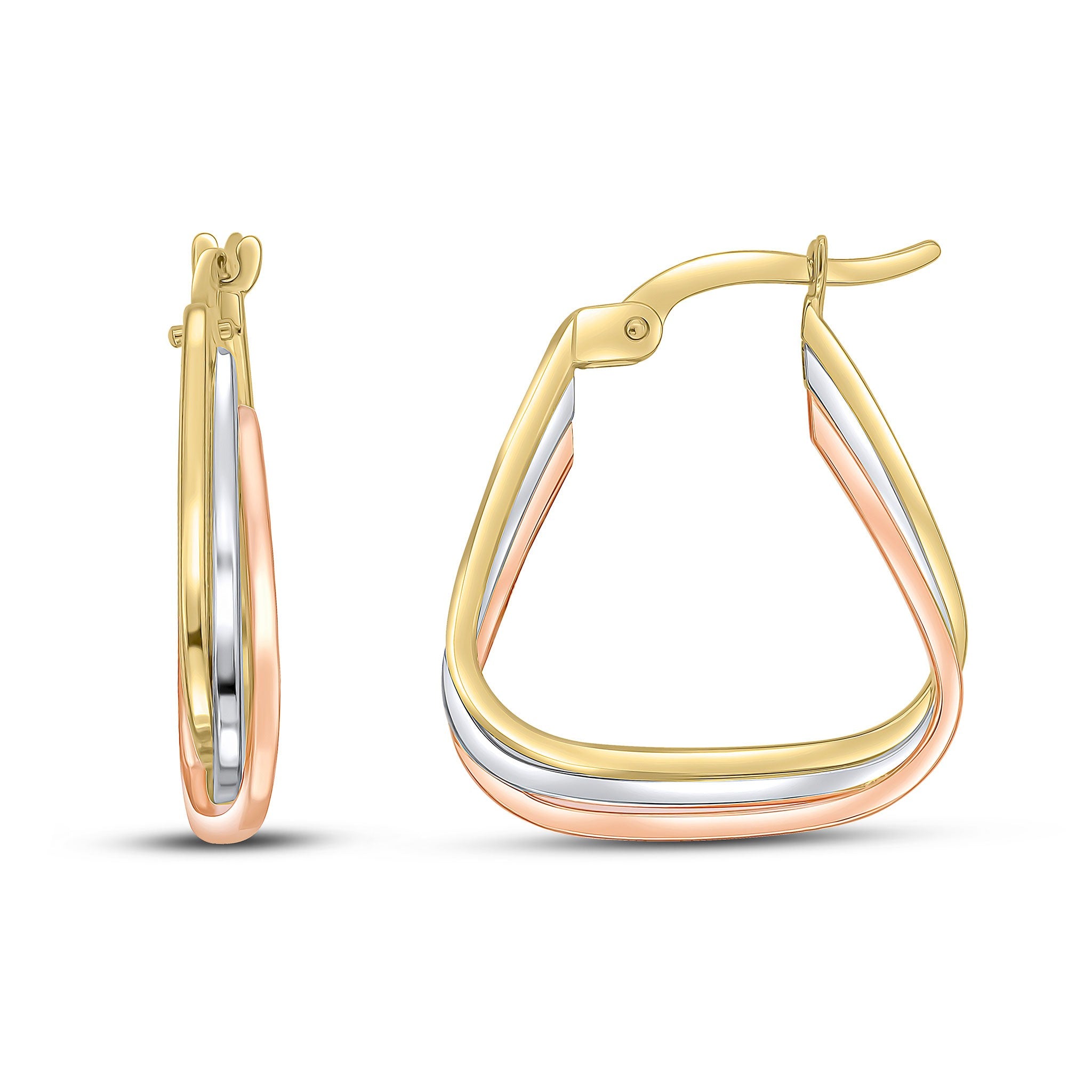 9CT 3 COLOUR GOLD TRIANGULAR RUSSIAN HOOP STYLE EARRINGS