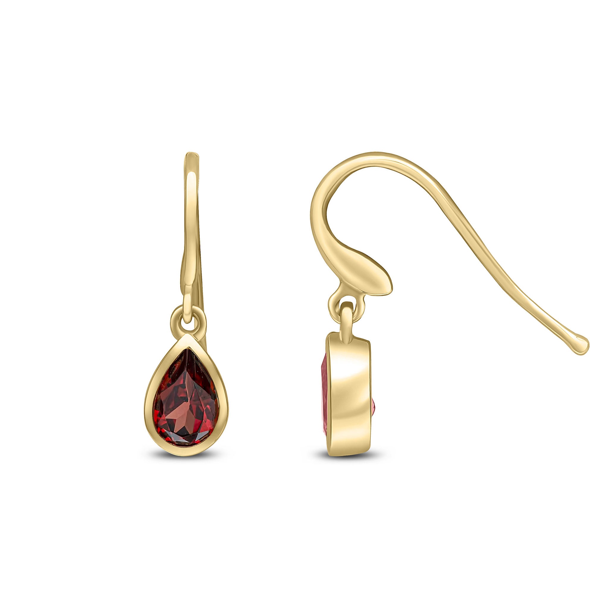 9CT YG 6X4 PEARSHAPE GARNET RUBOVER DROP EARRINGS. HOOK WIRE FITTING