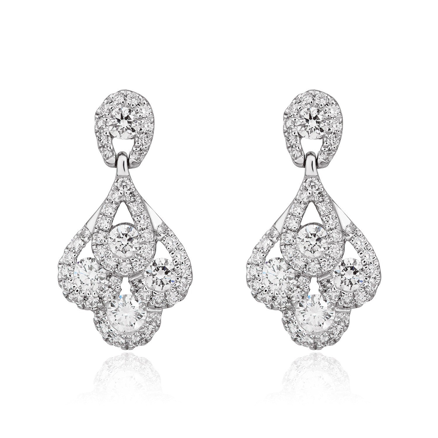 18CT WHITE GOLD ROUND DIAMOND 'PEACOCK' DROP EARRINGS