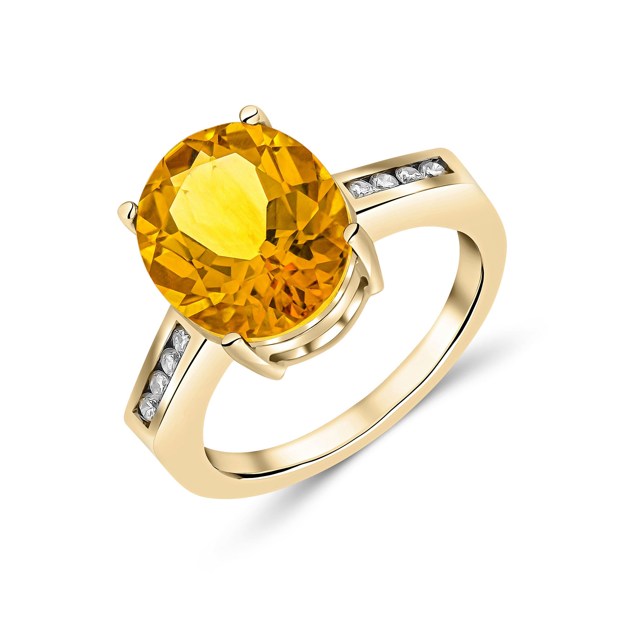 9CT YG 12X10MM CLAW SET OVAL CITRINE SINGLE STONE RING WITH CHANNEL SET DIAMOND SHOULDERS