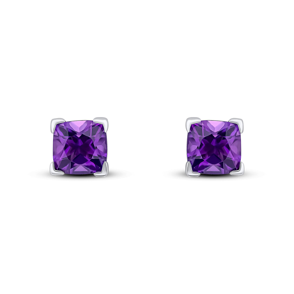 9CT WG 6MM CUSHION AMETHYST CLAW SET EARRINGS