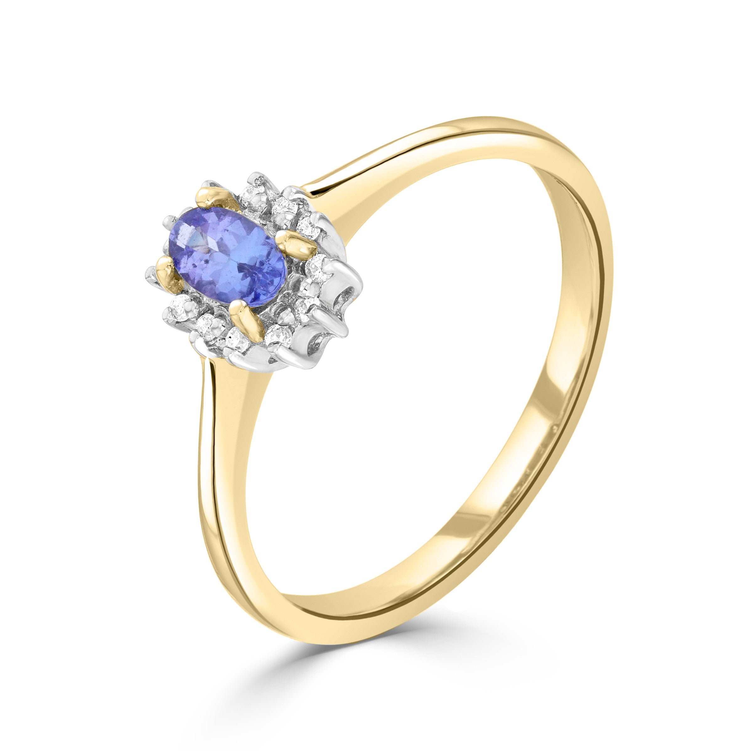 9CT YG 5X3 OVAL TANZANITE & DIAMOND CLAW SET CLUSTER RING. RHODIUM TO DIAMONDS