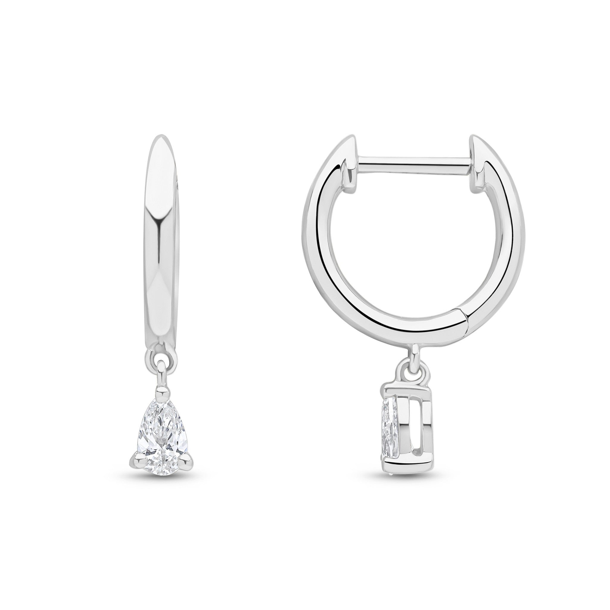18CT WG PLAIN HOOP TOP WITH PEARSHAPE CUT DIAMOND DROP EARRINGS