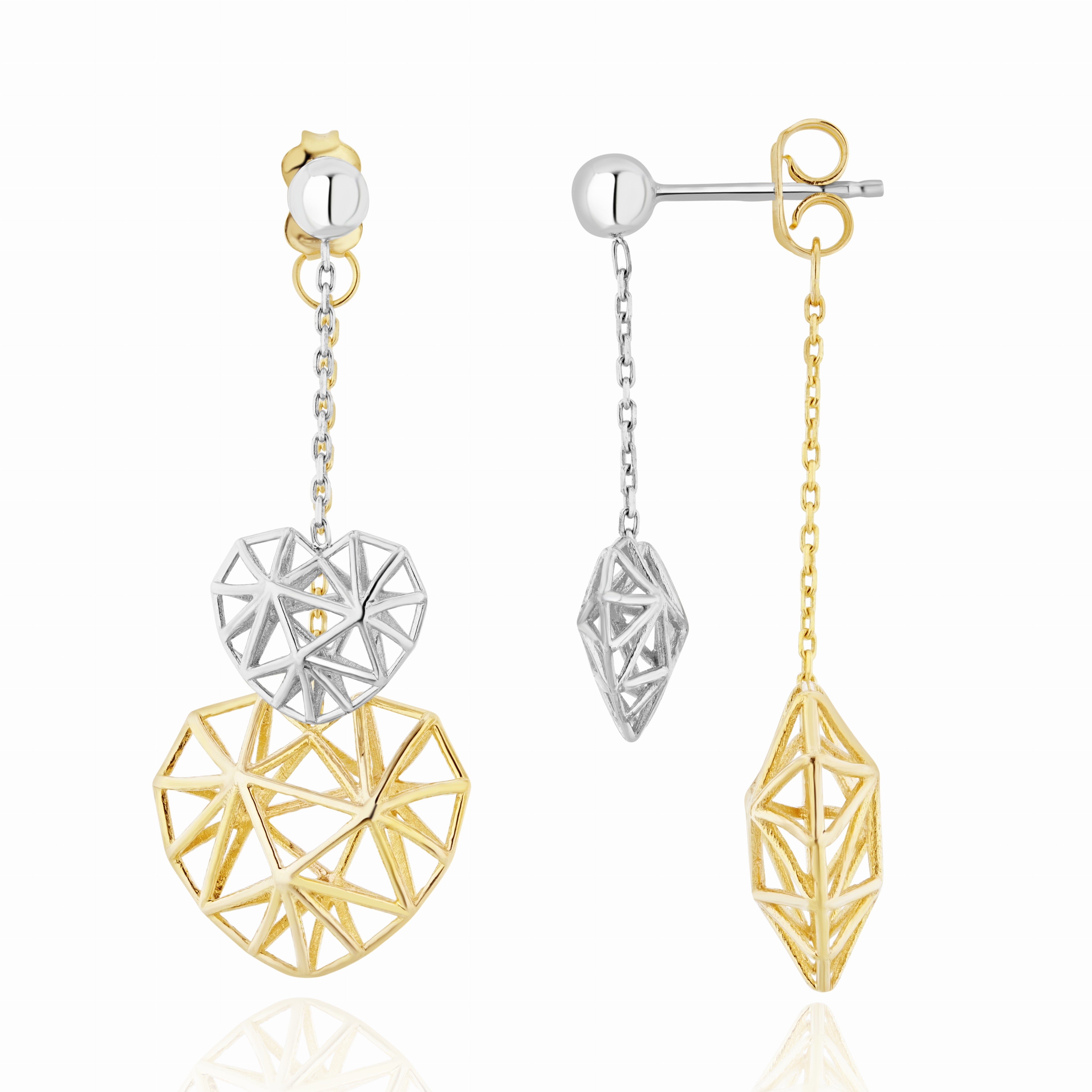 9CT YWG OPENWORK HEART AND CHAIN DOUBLE DROP EARRINGS
