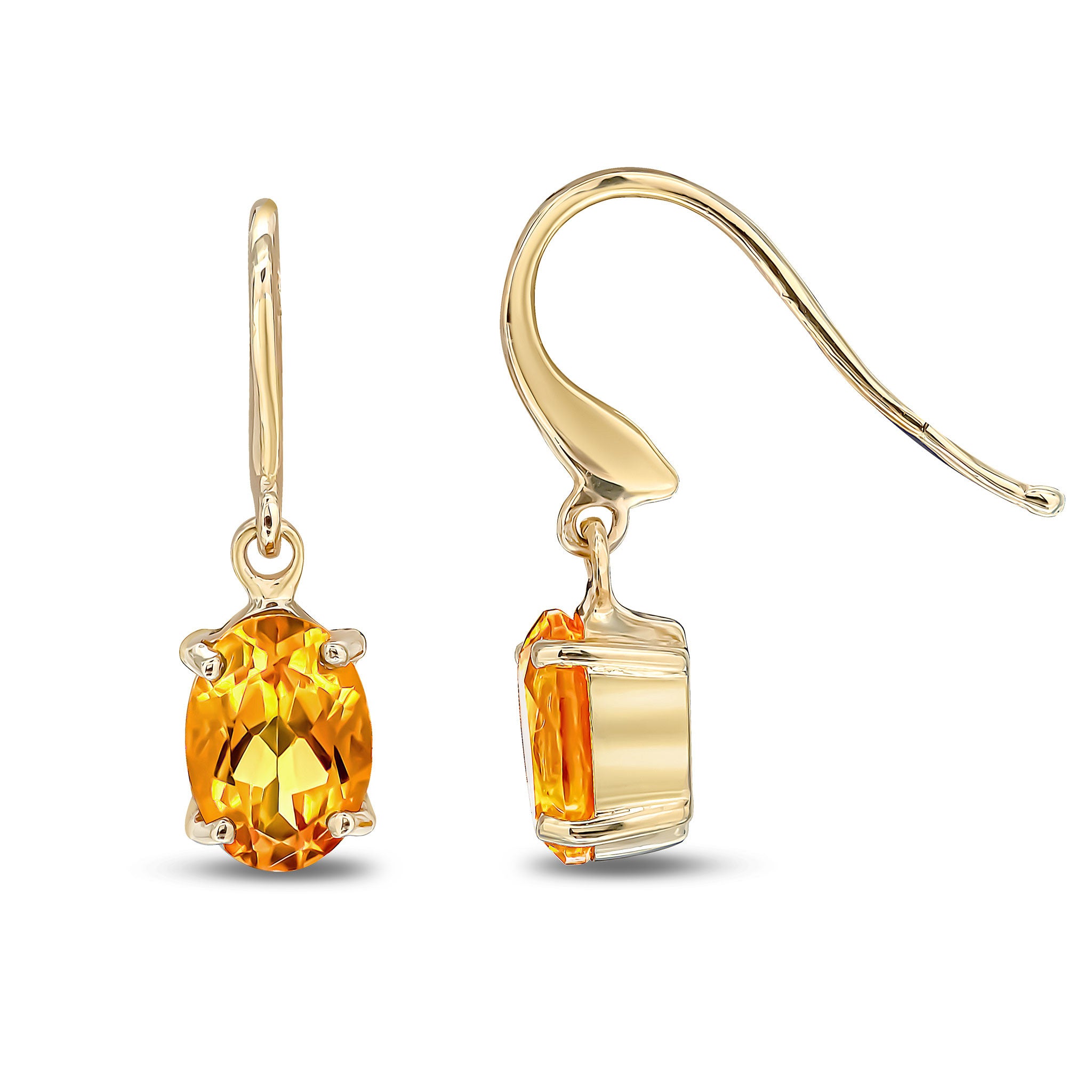 9CT YG 7X5 OVAL CITRINE CLAW SET DROP EARRINGS WITH HOOK WIRE FITTING