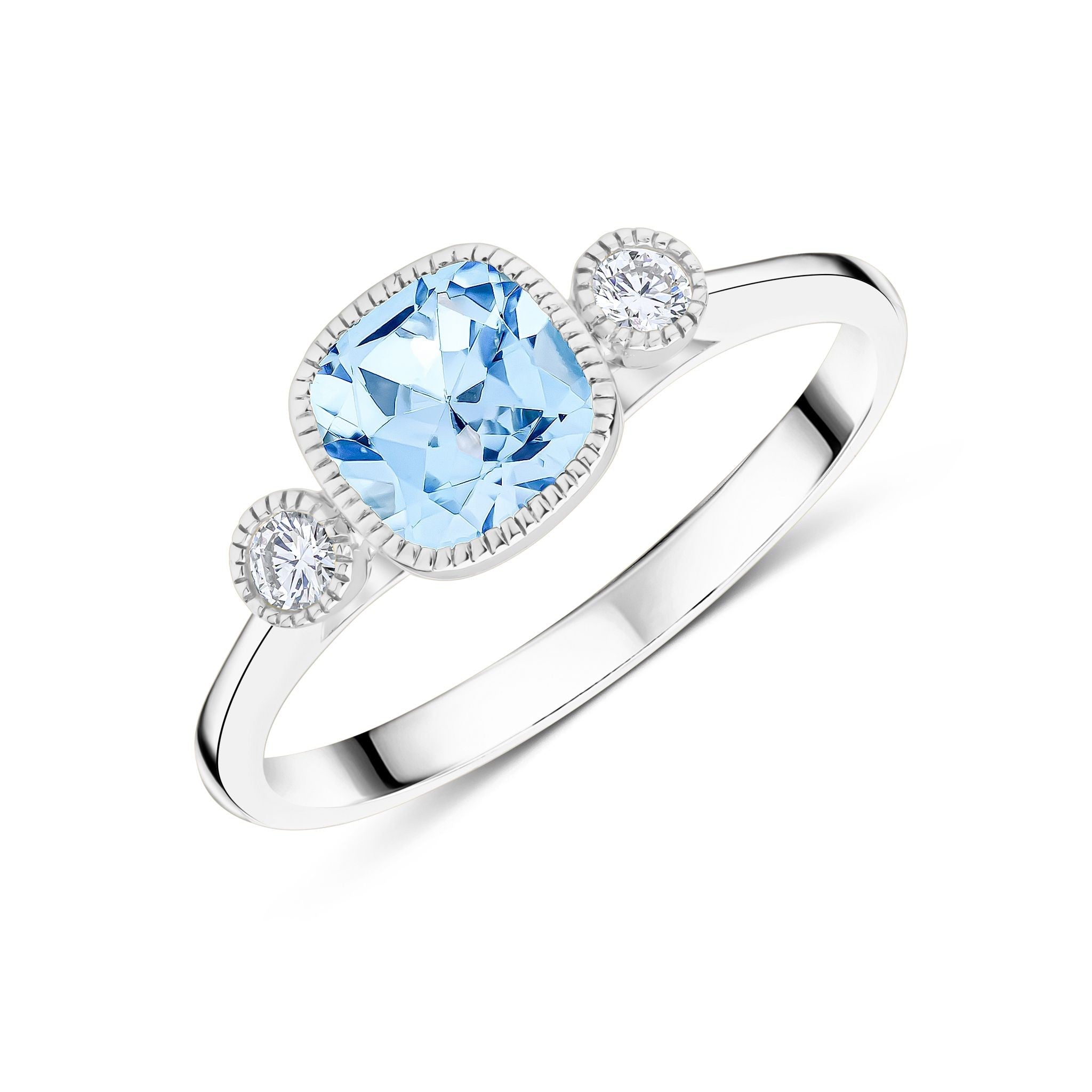 9CT WG 6MM CUSHION AQUA & ROUND DIAMOND MILLEGRAIN SET 3ST RING
