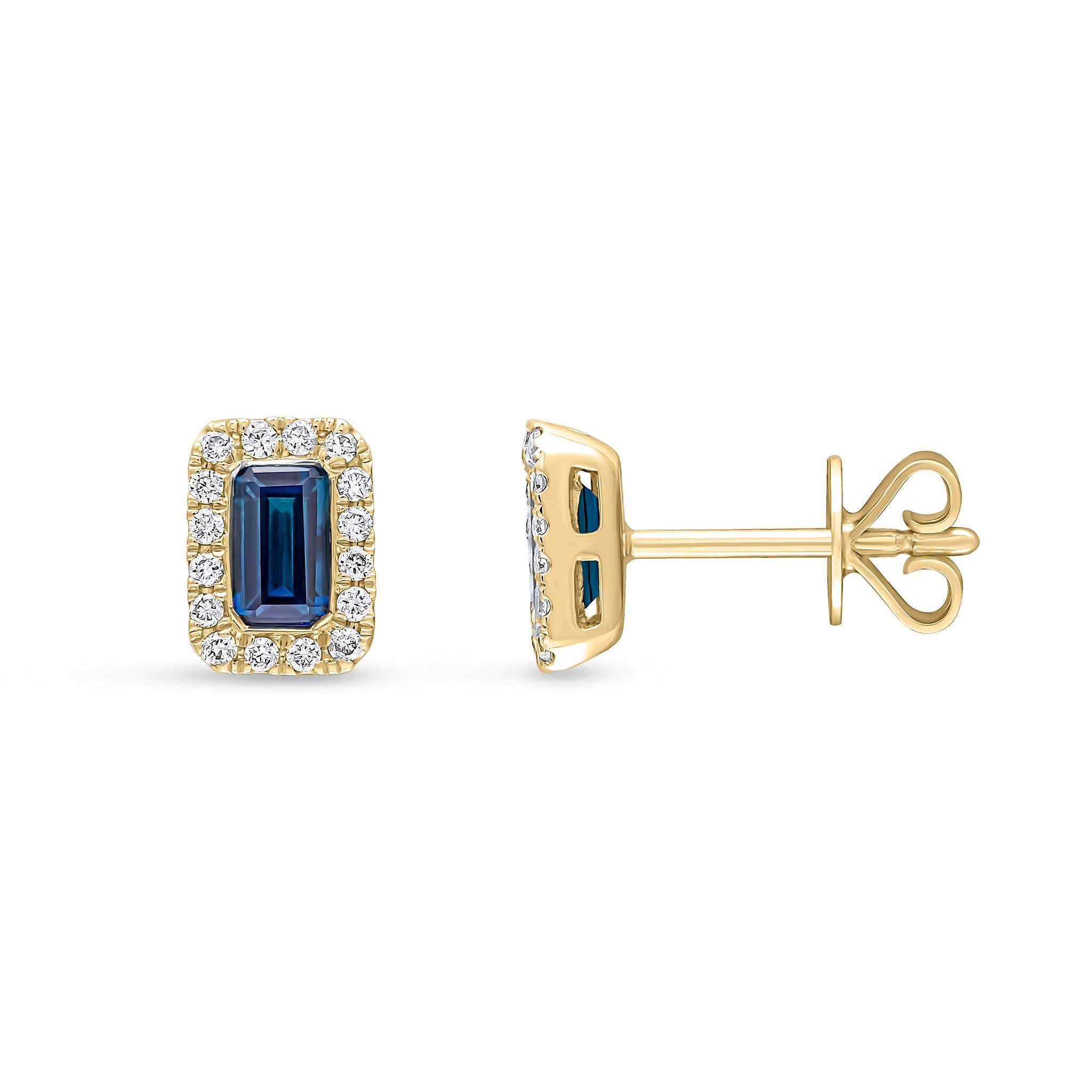18CT YG 5X3 OCTAGON SAPPHIRE & DIAMOND MICROSET CLUSTER EARRINGS
