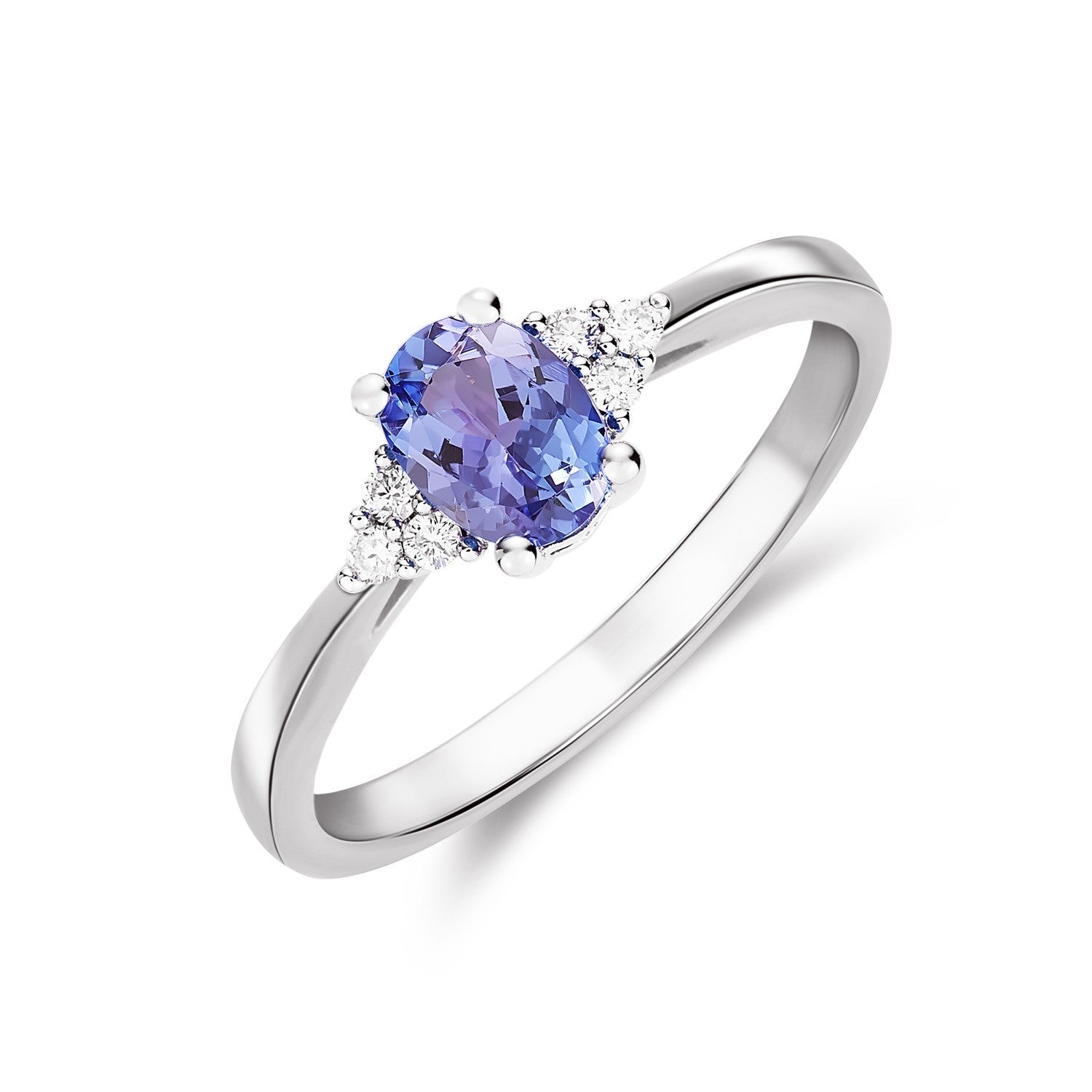9CT WG 7X5 OVAL TANZANITE & DIAMOND TREFOIL SHOULDERS CLAW SET RING