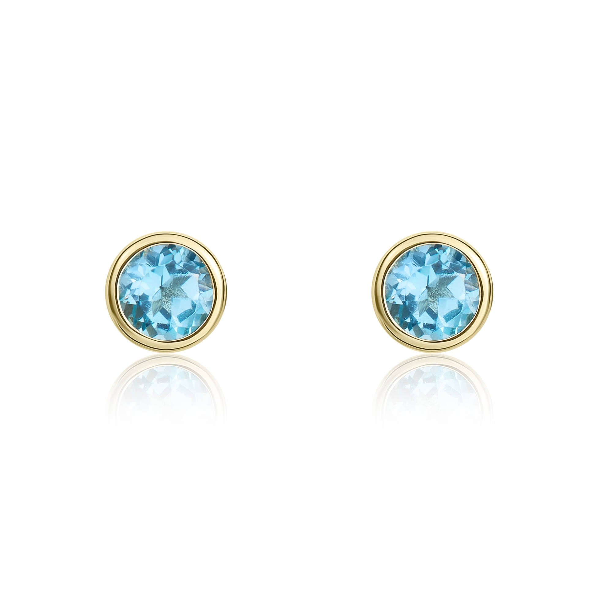 9CT YG 3MM ROUND SWISS BLUE TOPAZ RUBOVER STUD EARRINGS