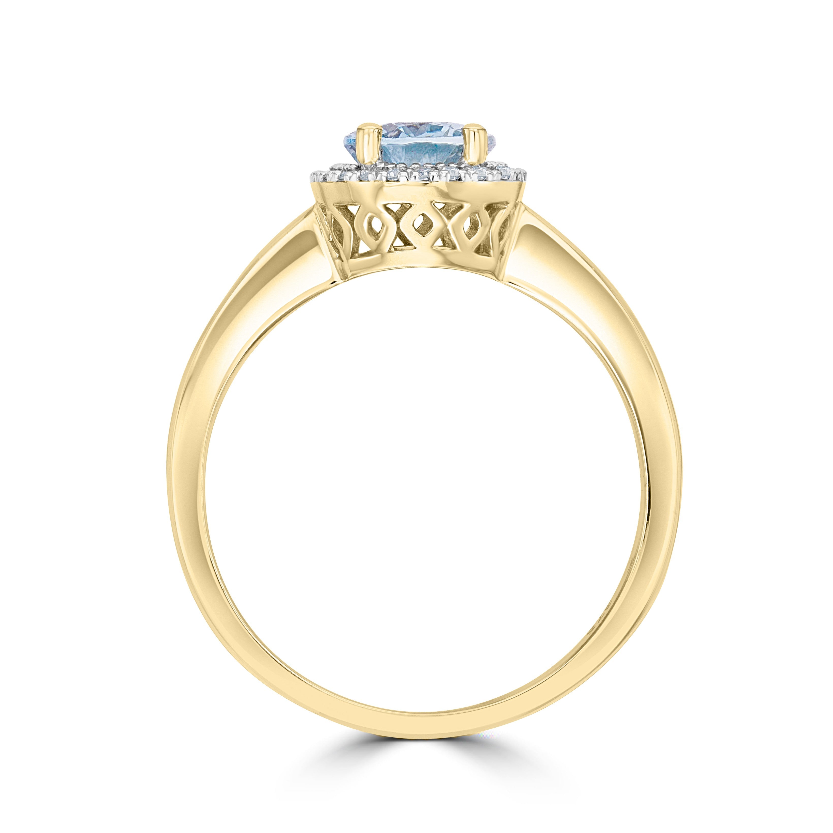 9CT YG 8X6 OVAL AQUAMARINE & DIAMOND CLAW SET CLUSTER RING. RHODIUM TO DIAMONDS