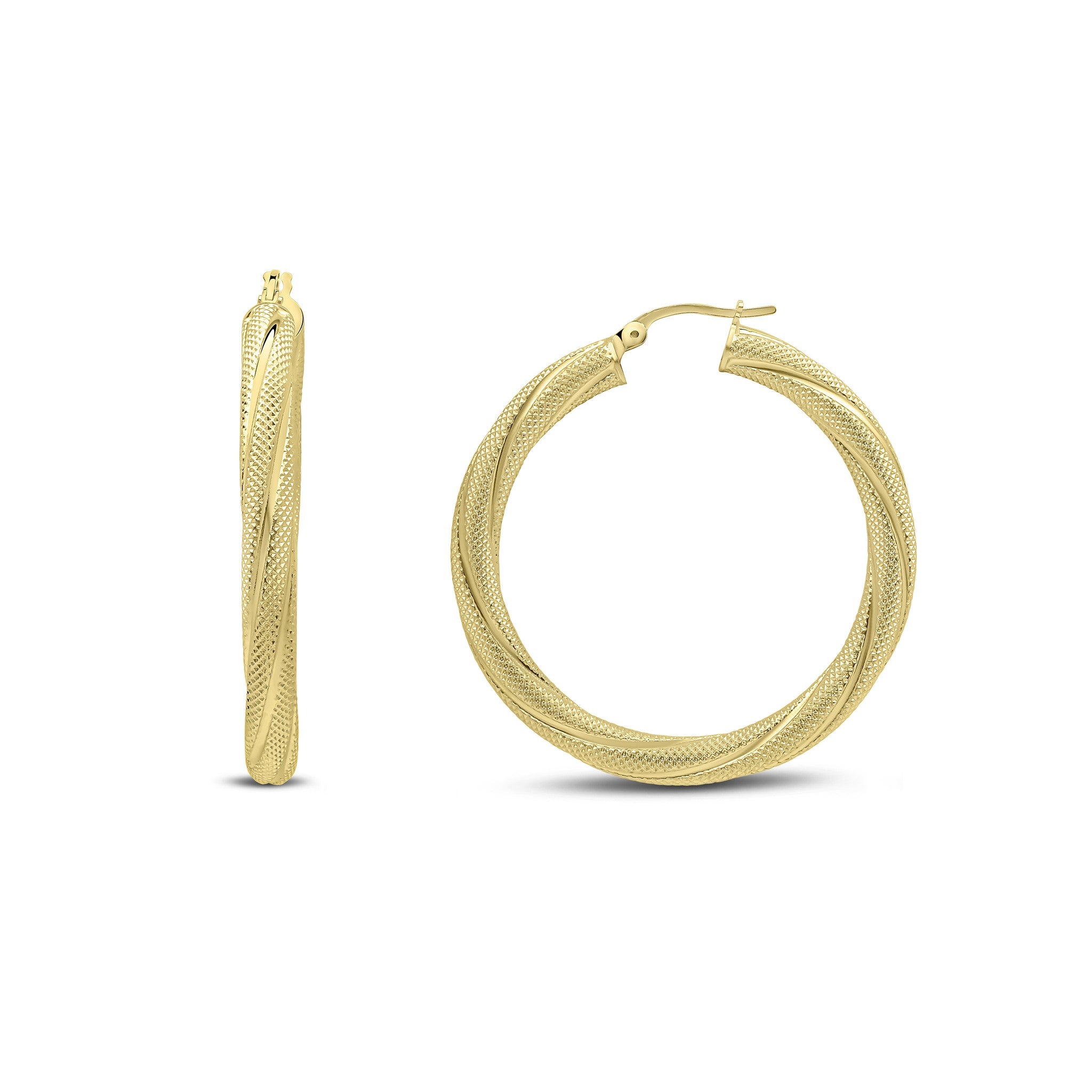 18CT YELLOW GOLD THICK TEXTURED FINISH TWIST ROUND HOOP EARRINGS 38MM DIAMETER