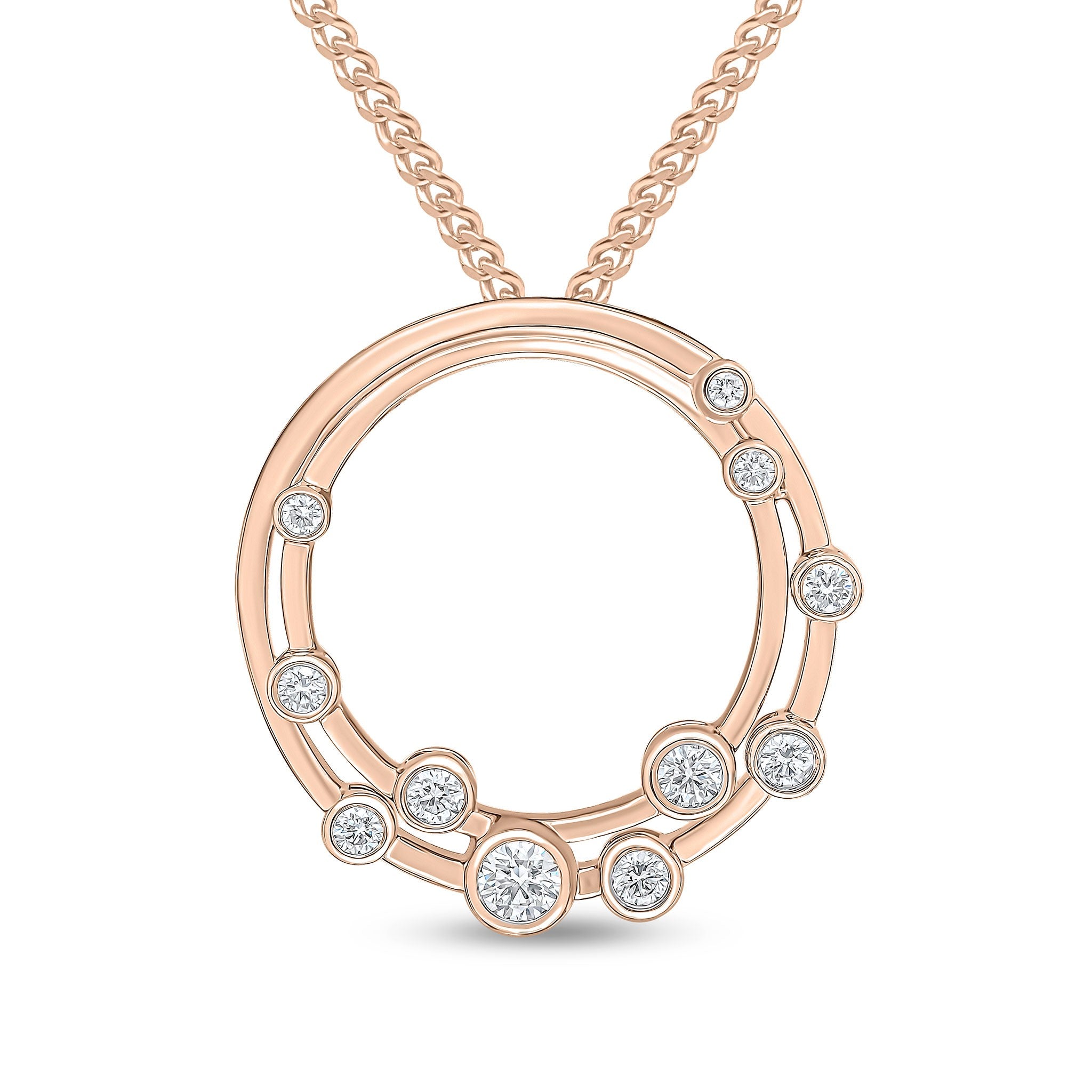 18CT RG RUBOVER ROUND DIAMOND 'BUBBLE' DOUBLE CIRCLE SLIDER PENDANT. 24MM DIAMETER