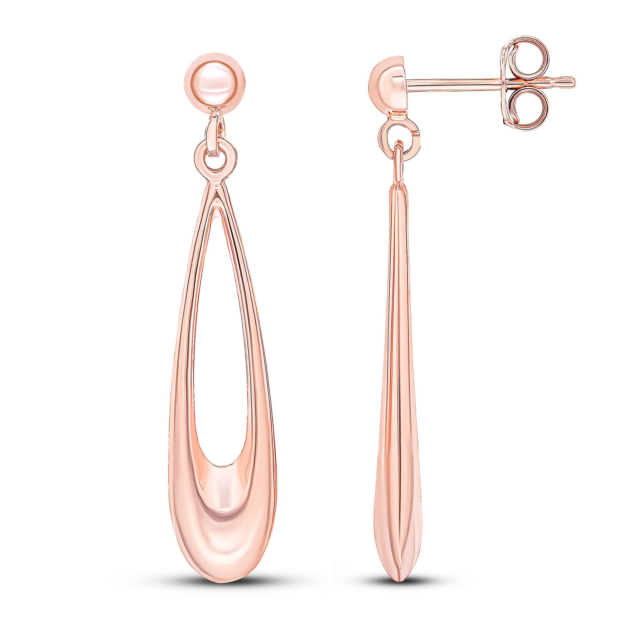 9CT ROSE GOLD LONG OPEN PEARSHAPE DROP EARRINGS WITH POLISHED HALF BEAD TOP