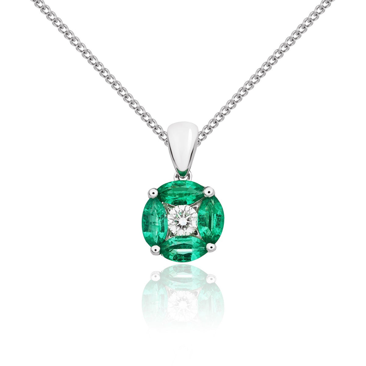 18CT WG MARQUISE EMERALD AND ROUND DIAMOND CLAW SET CLUSTER PENDANT WITH PLAIN LOOP