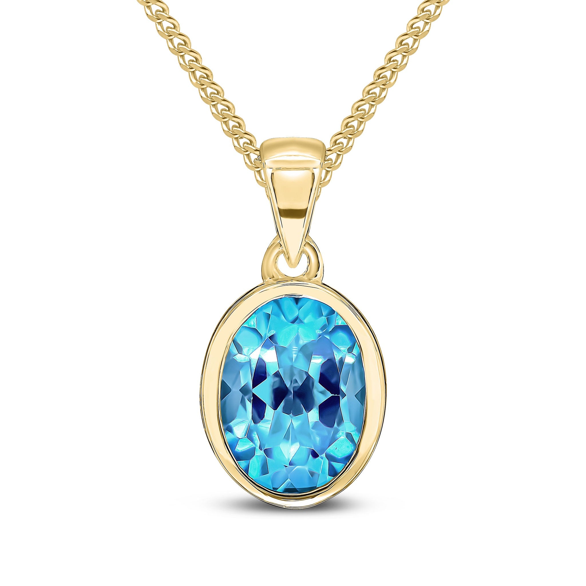 9CT YG 9X7MM OVAL SWISS BLUE TOPAZ SINGLE STONE RUBOVER PENDANT WITH PLAIN LOOP
