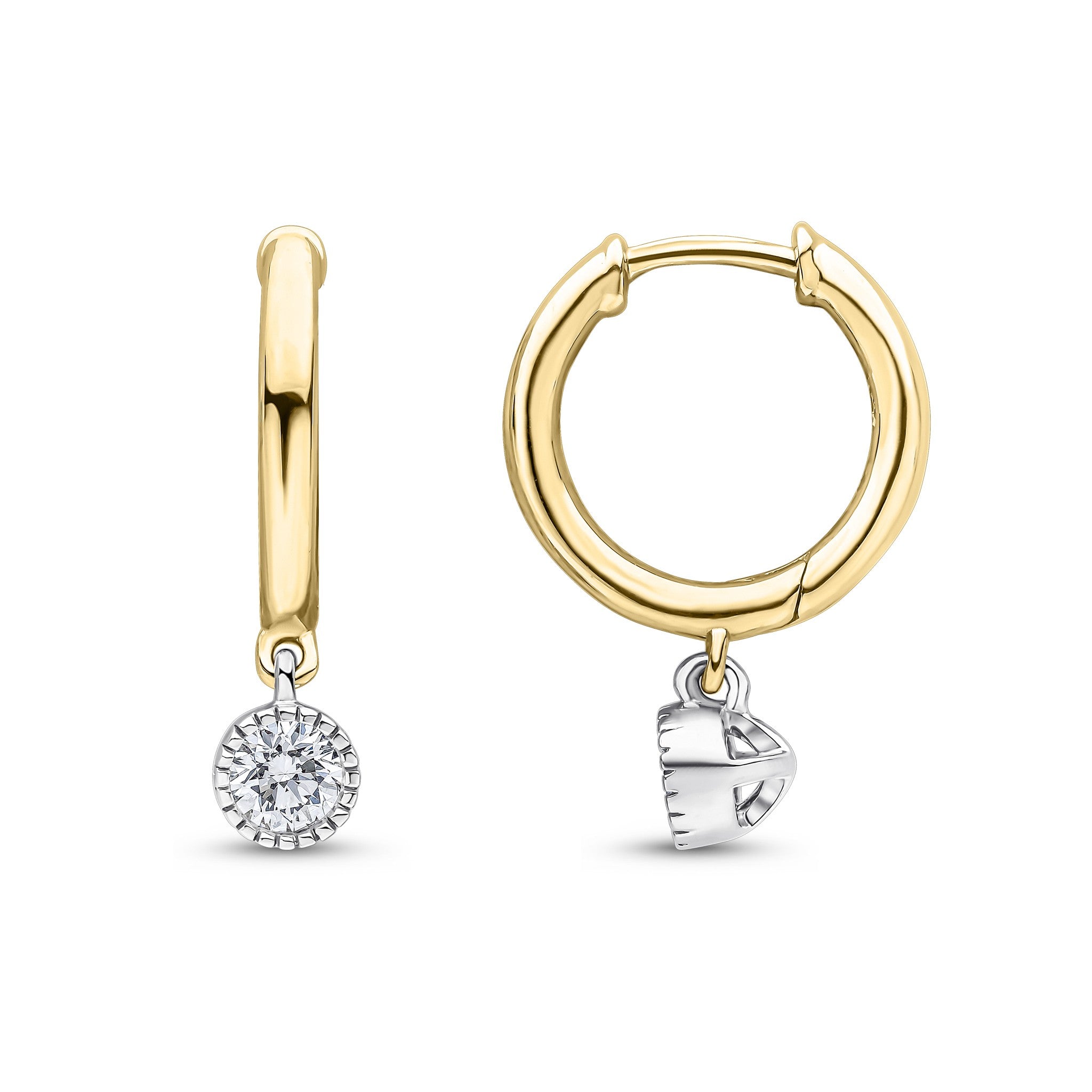 18CT YG PLAIN HOOP WITH WG MILLEGRAIN SET ROUND DIAMOND DROP. 0.30CT