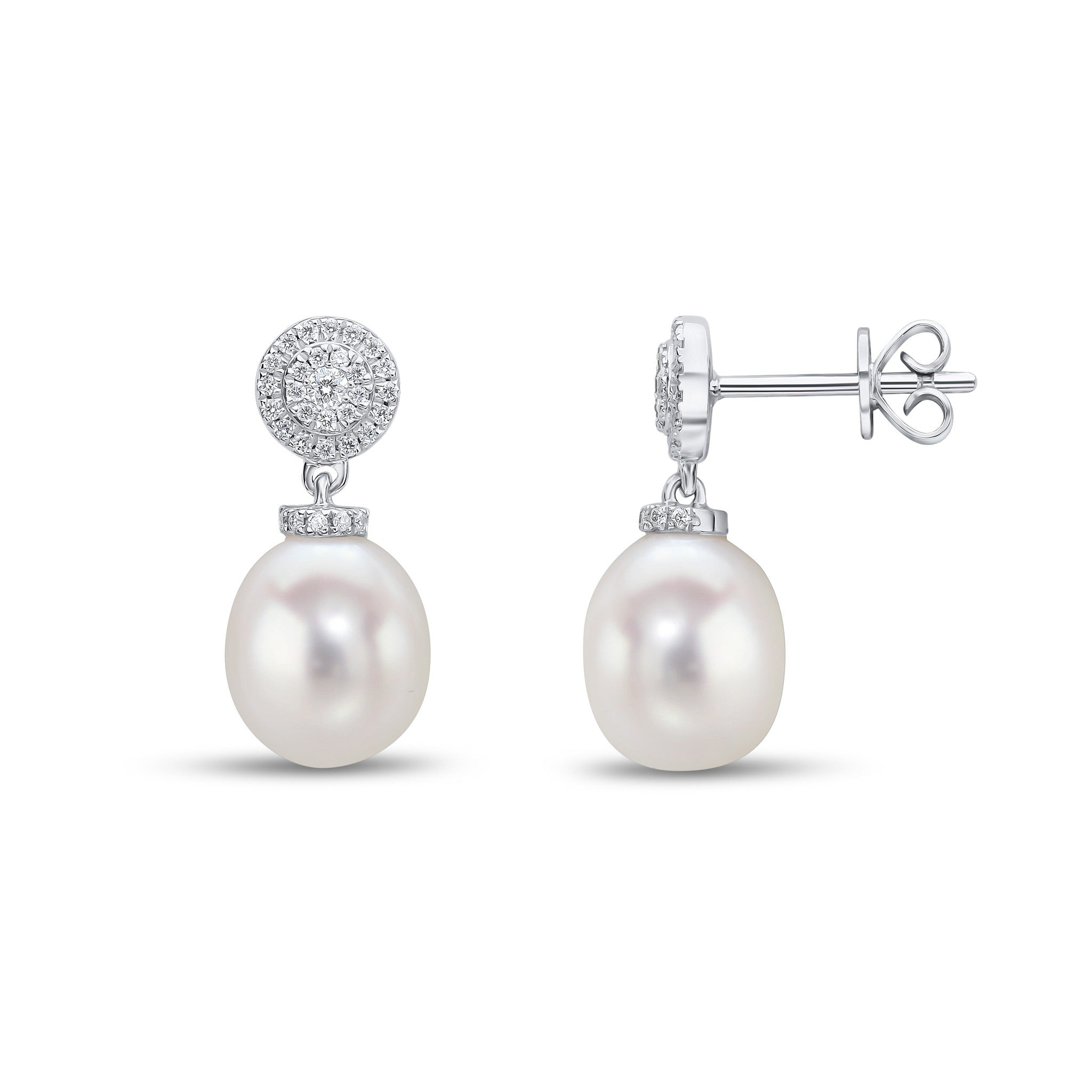 18CT WG CFW PEARL AND DIAMOND 'TARGET' CLUSTER TOP DROP EARRINGS