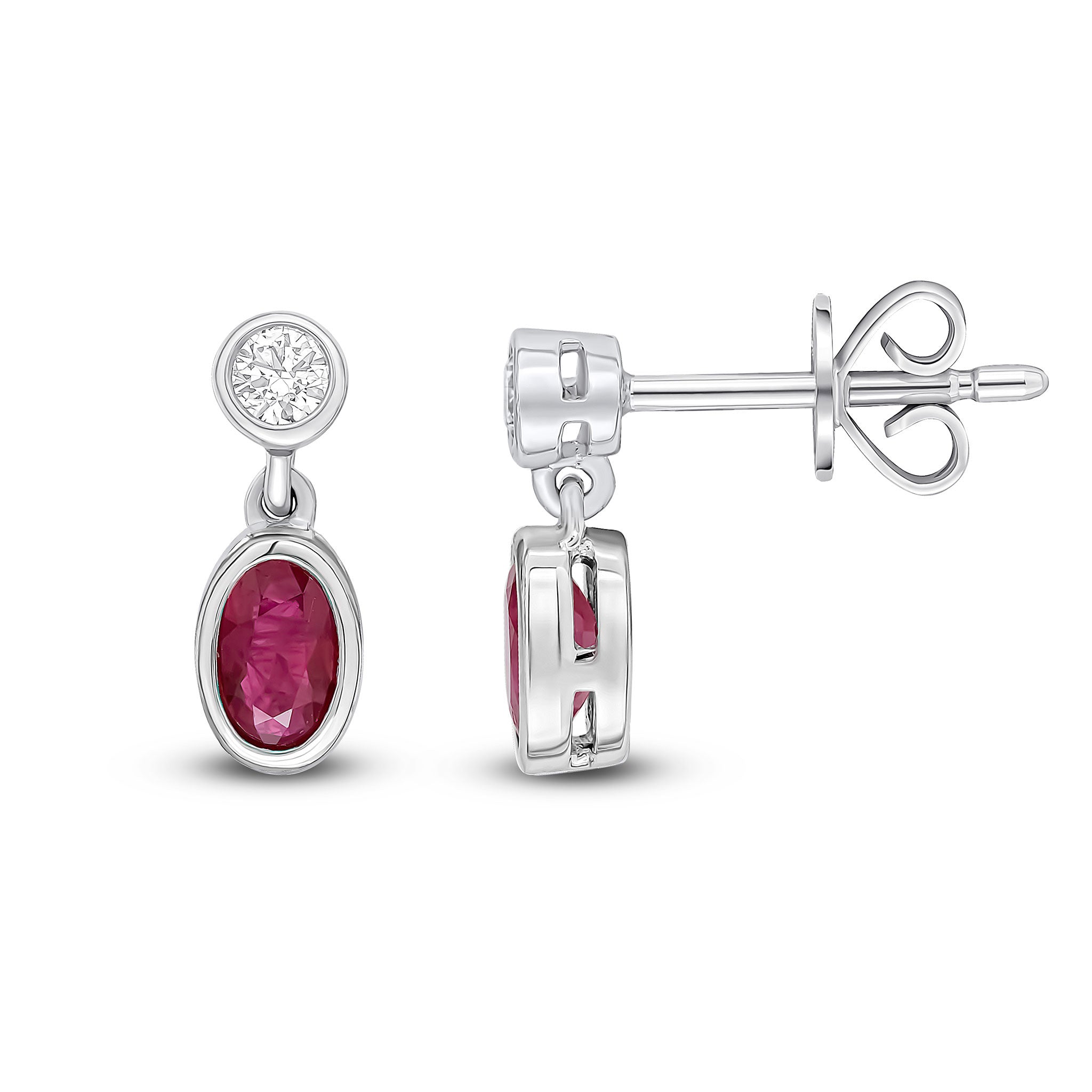 18CT WG OVAL RUBY AND ROUND DIAMOND 2ST RUBOVER DROP EARRINGS
