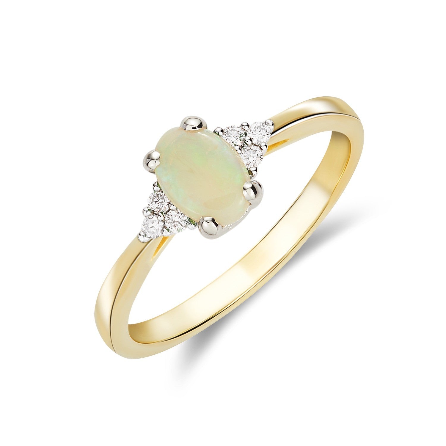 9CT YWG 7X5 OVAL OPAL & DIAMOND TREFOIL SHOULDERS RING