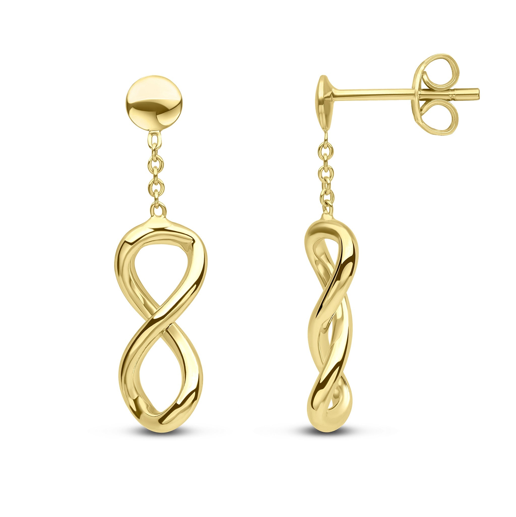 9CT YG INFINITY AND CHAIN DROP EARRINGS WITH FLAT DISC TOP