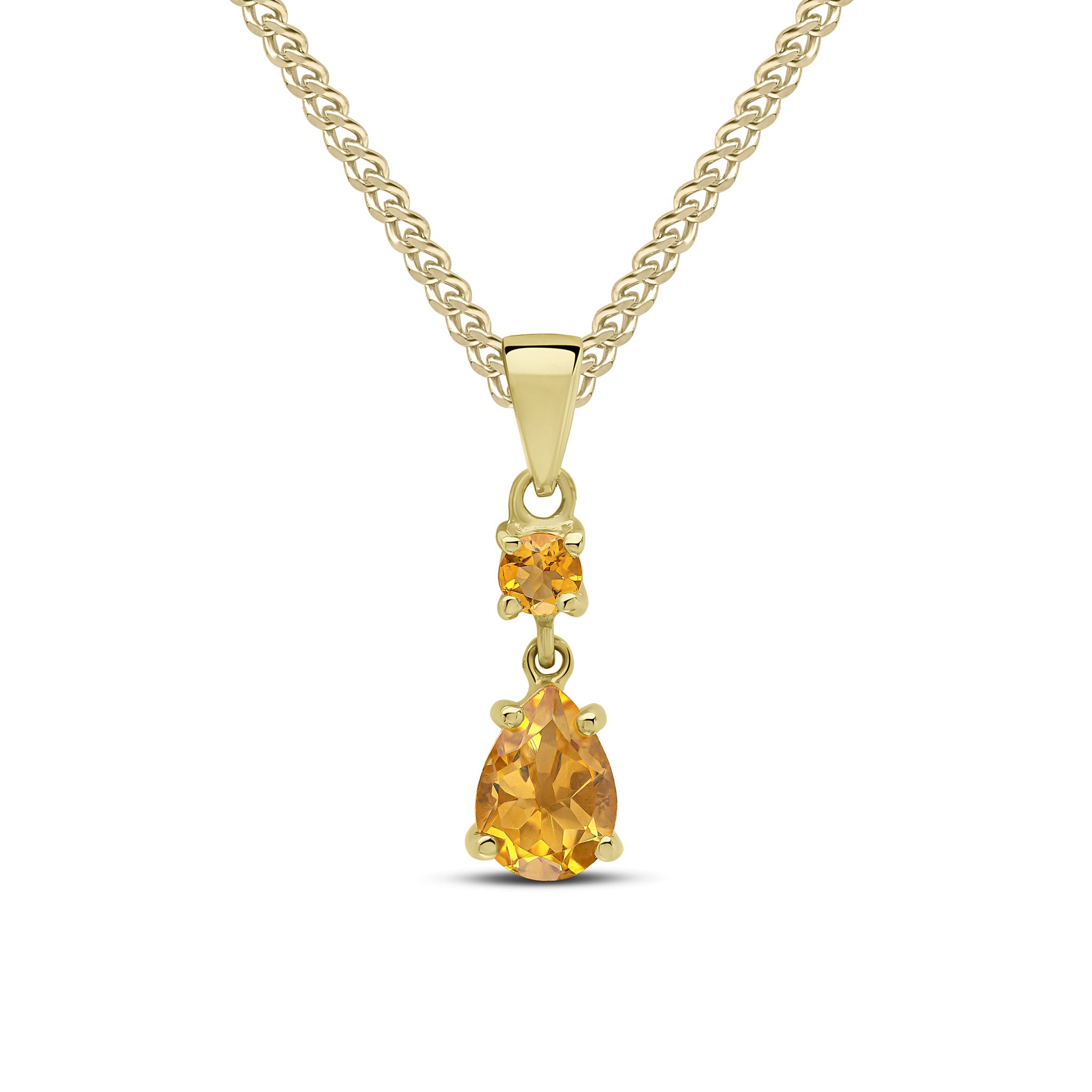 9CT YG ROUND AND PEARSHAPE CITRINE CLAW SET 2ST DROP PENDANT