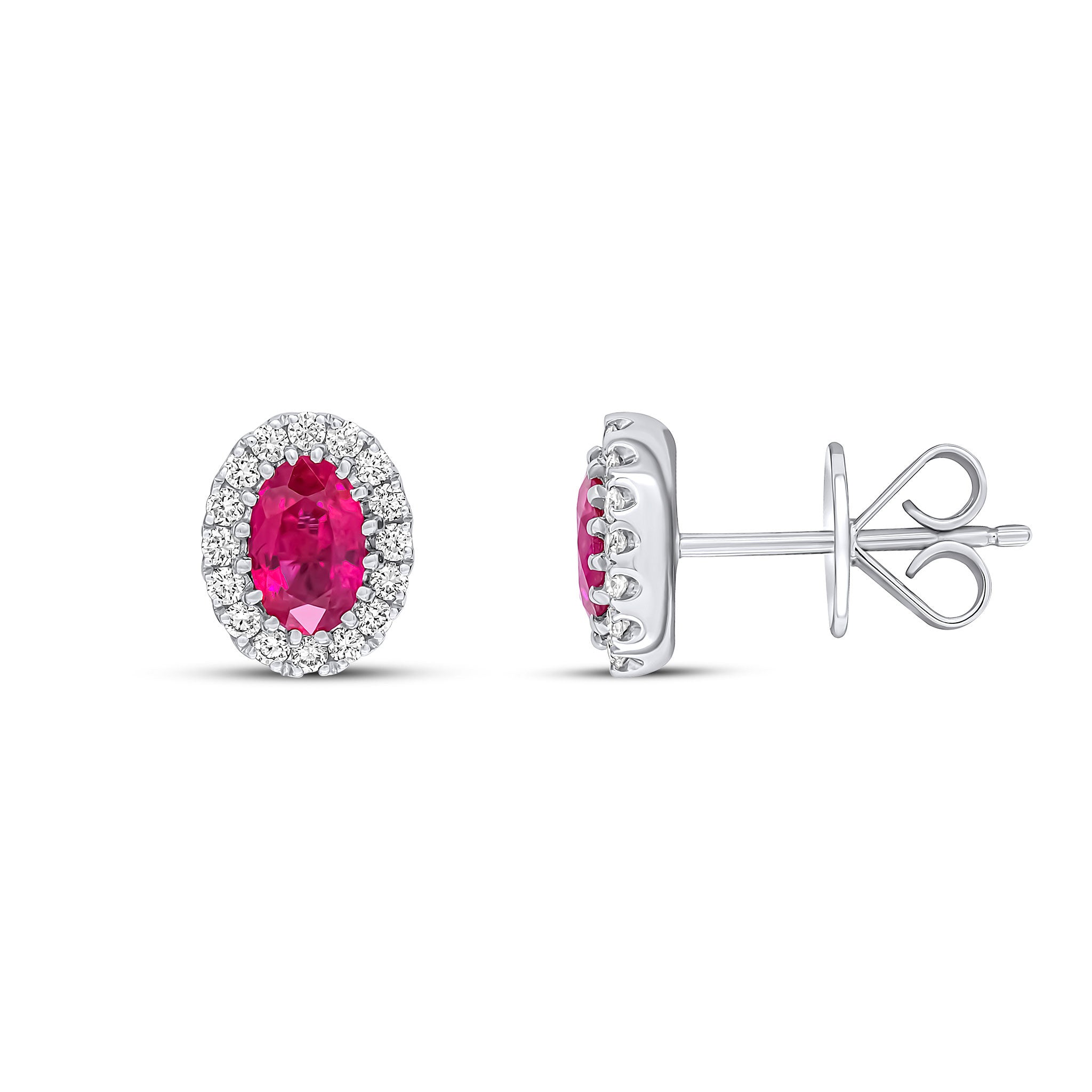 18CT WG 6X4 OVAL RUBY AND ROUND DIAMOND CLAW CLUSTER EARRINGS