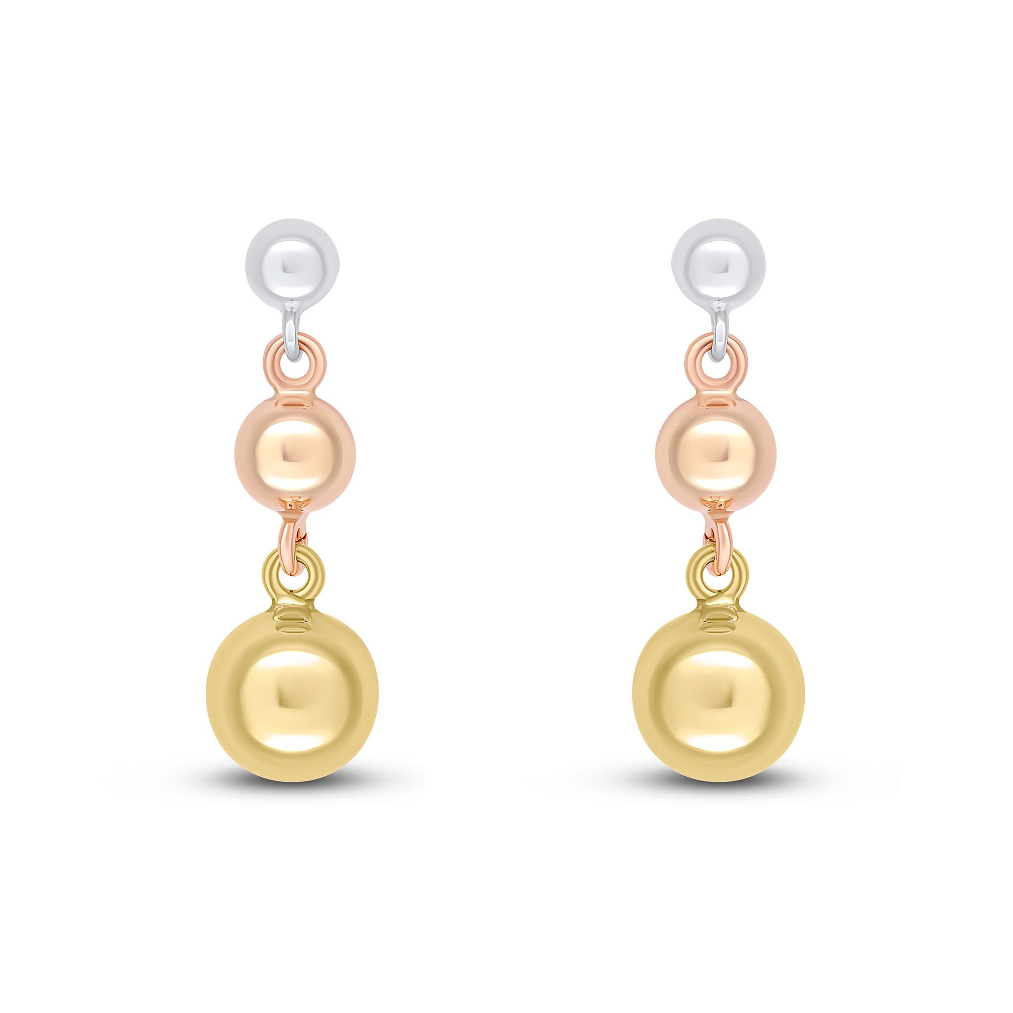9CT WHITE GOLD 4MM, ROSE GOLD 5MM AND YELLOW GOLD 7MM POLISHED BALL DROP EARRINGS