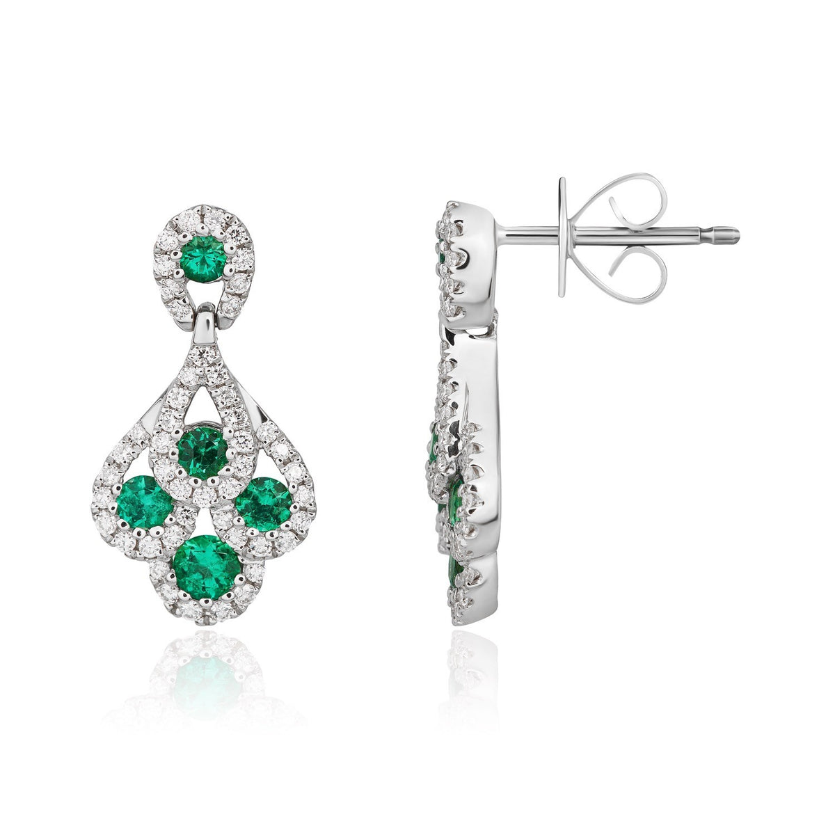 18CT WG ROUND EMERALD & DIAMOND 'PEACOCK' DROP EARRINGS