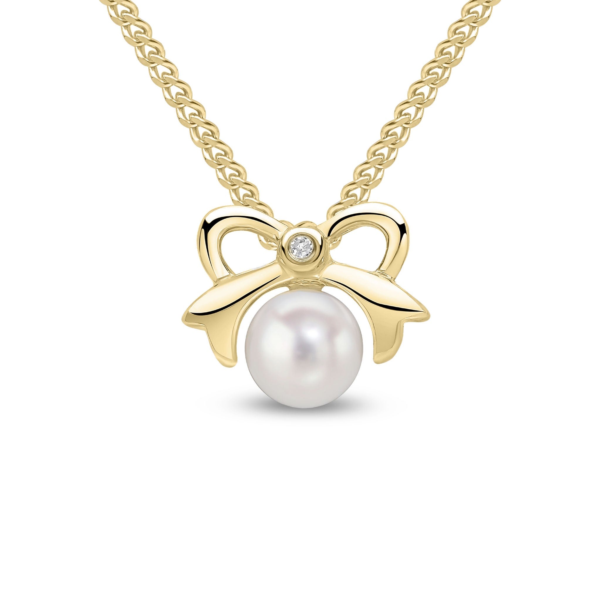 9CT YG PEARL & DIAMOND BOW DESIGN SLIDER PENDANT
