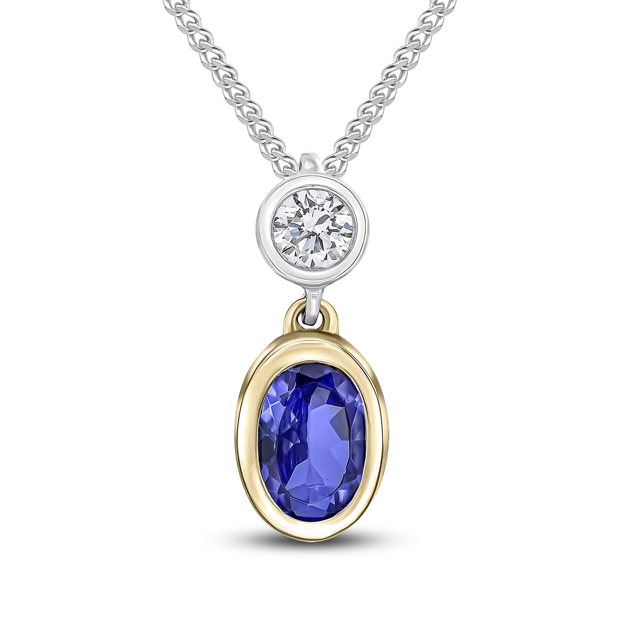 18CT YWG OVAL TANZANITE & ROUND DIAMOND 2ST RUBOVER SLIDER PENDANT