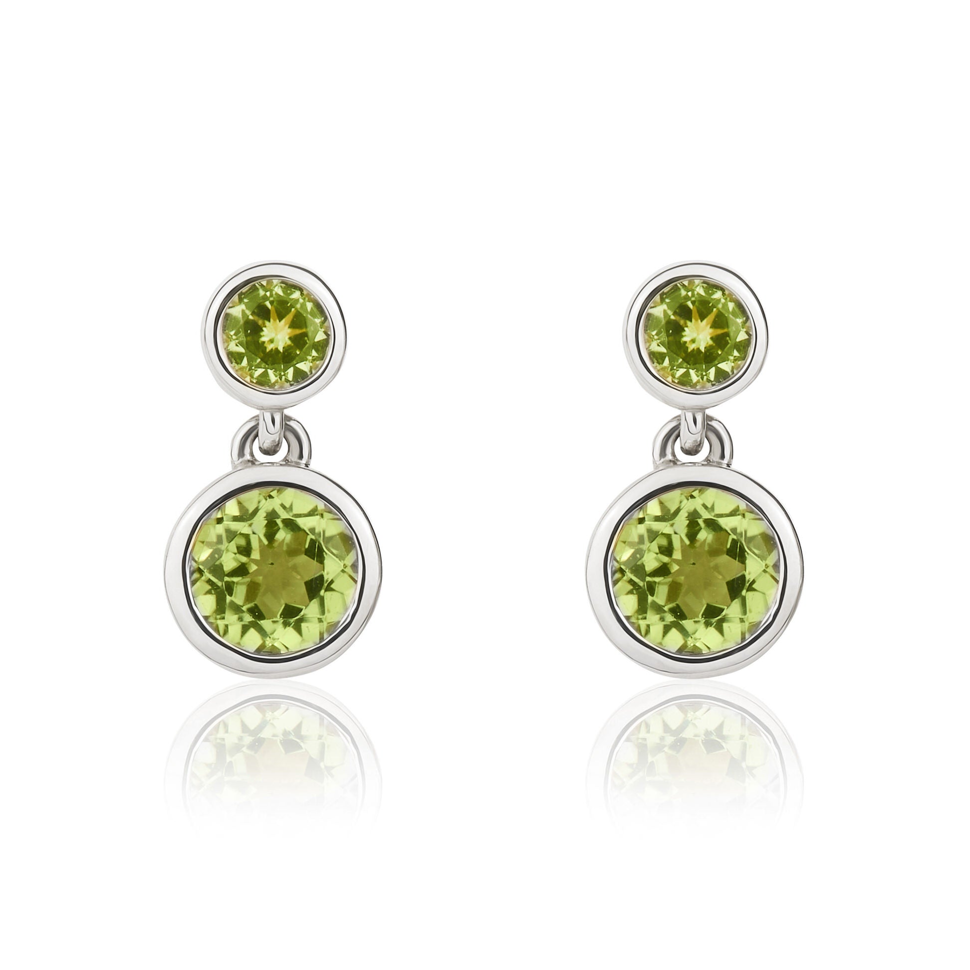 9CT WHITE GOLD ROUND PERIDOT RUBOVER 2ST DROP EARRINGS