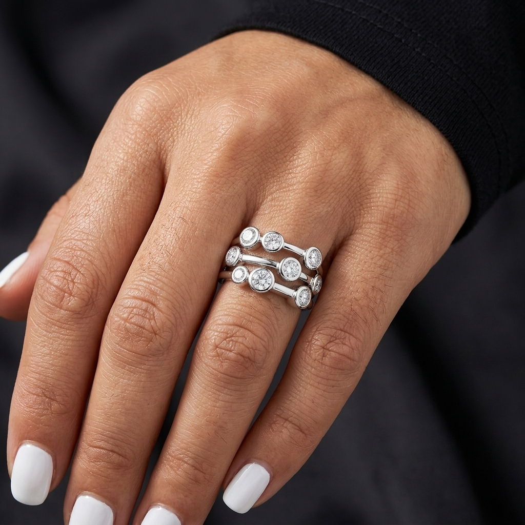 Solid 925 Sterling Silver Multi-Row Bubble Bezel Ring | Premium Cubic Zirconia