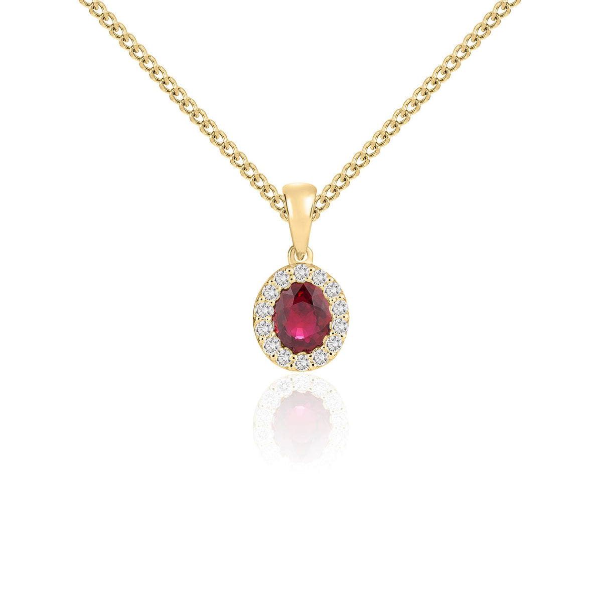 18CT YG 5X4MM OVAL RUBY & DIAMOND MICROSET CLUSTER PENDANT
