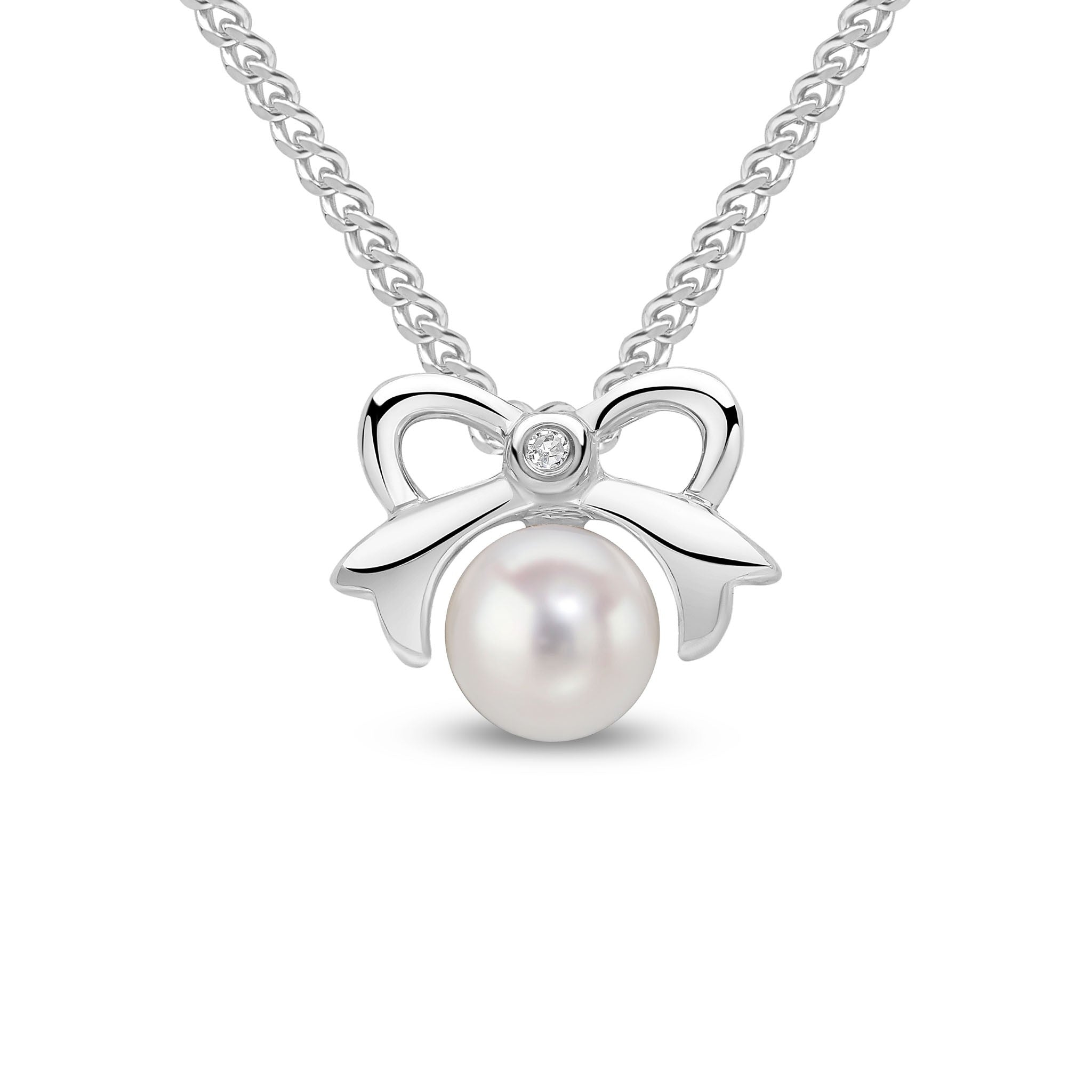 9CT WG PEARL & DIAMOND BOW DESIGN SLIDER PENDANT