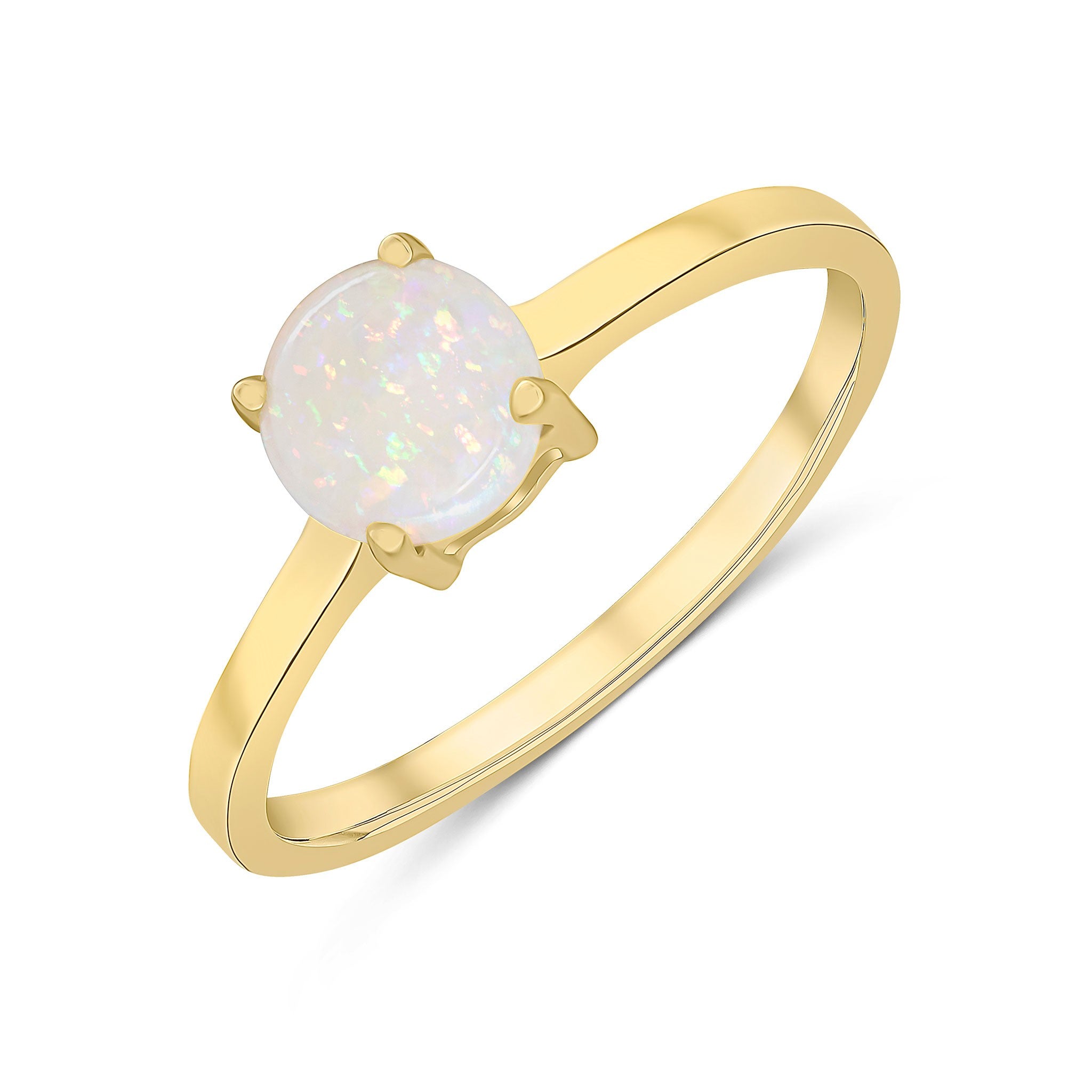 9CT YG 6MM ROUND OPAL 4 CLAW SINGLE STONE RING