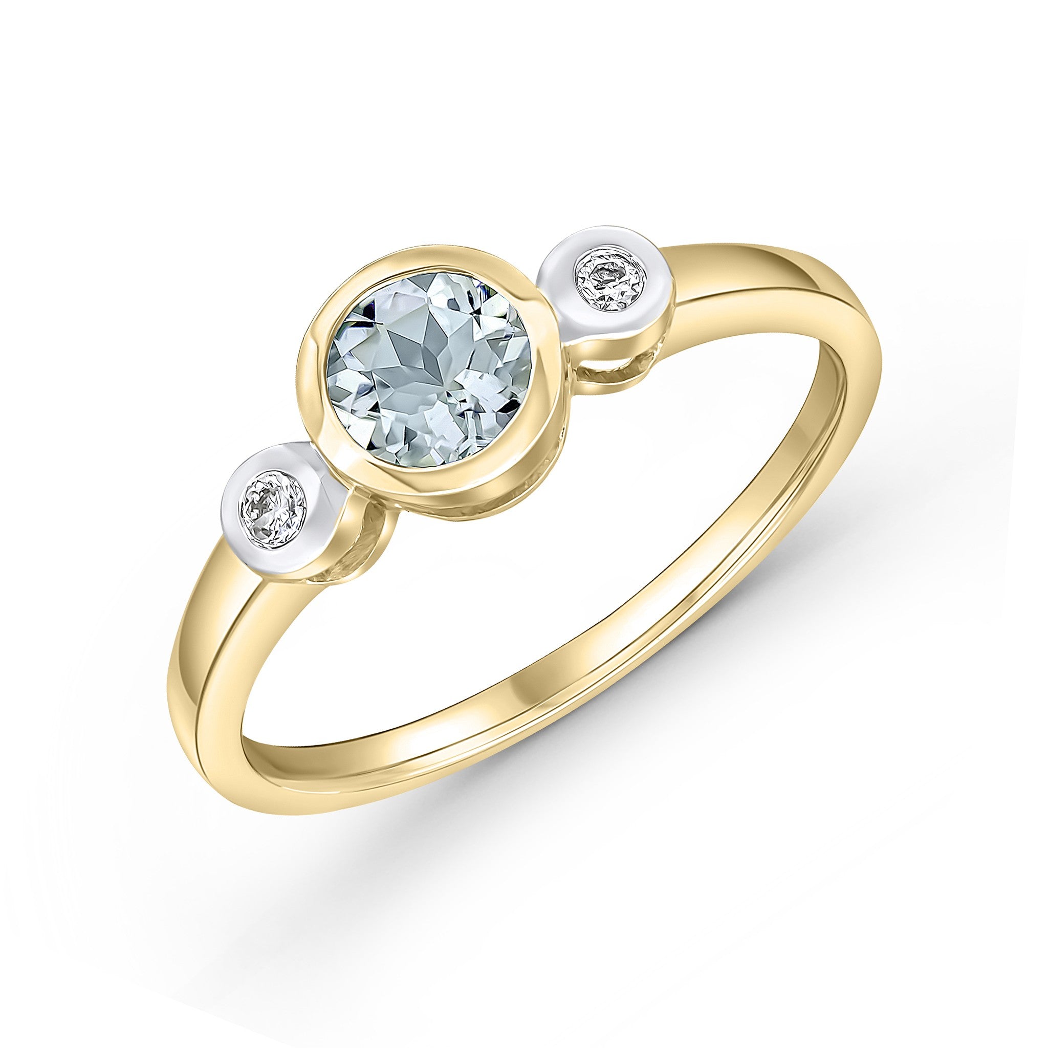 9CT YG 5MM ROUND AQUA AND ROUND DIAMOND 3ST RUBOVER RING. RHODIUM TO DIAMONDS