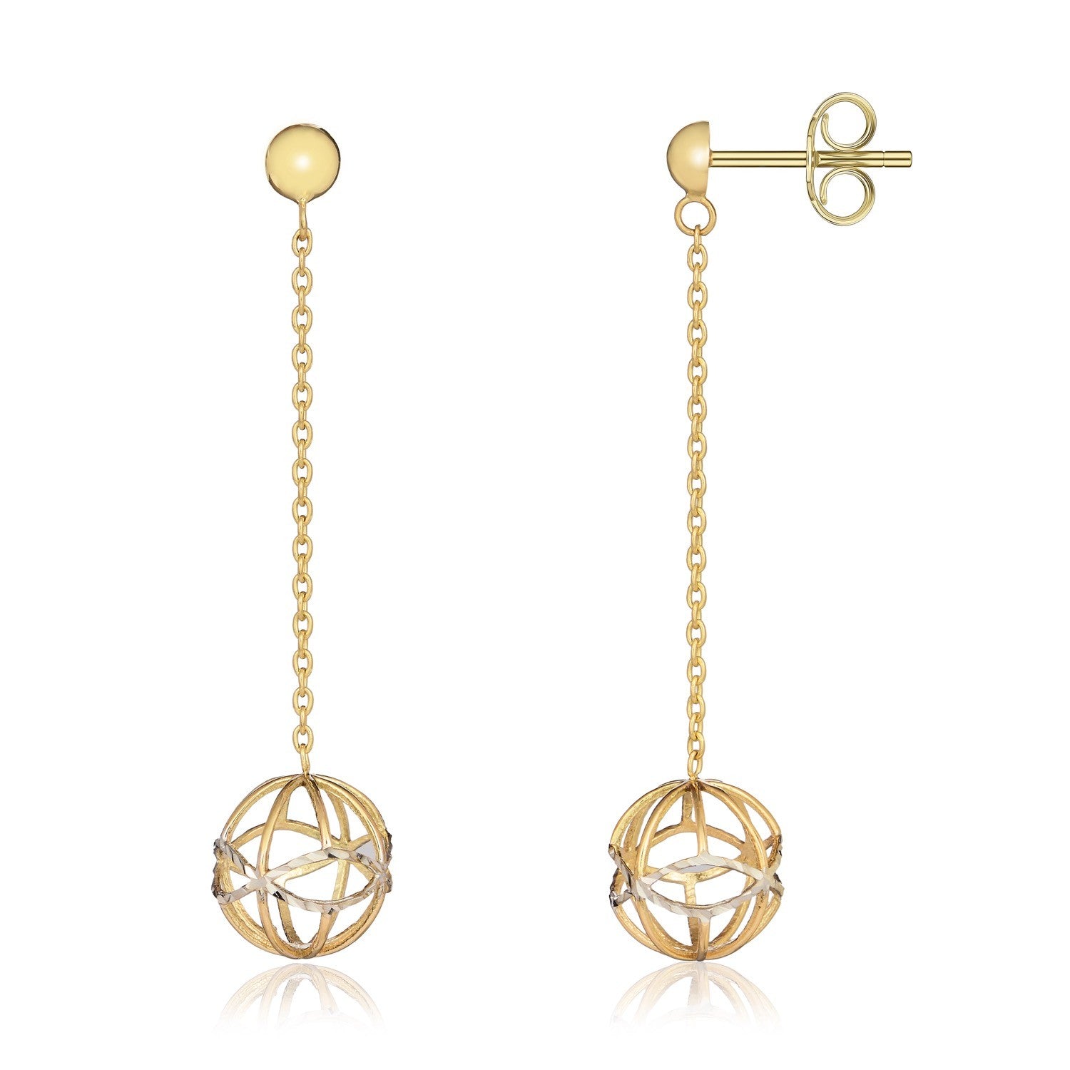9CT YELLOW AND WHITE CHAIN AND OPENWORK BALL DROP EARRINGS