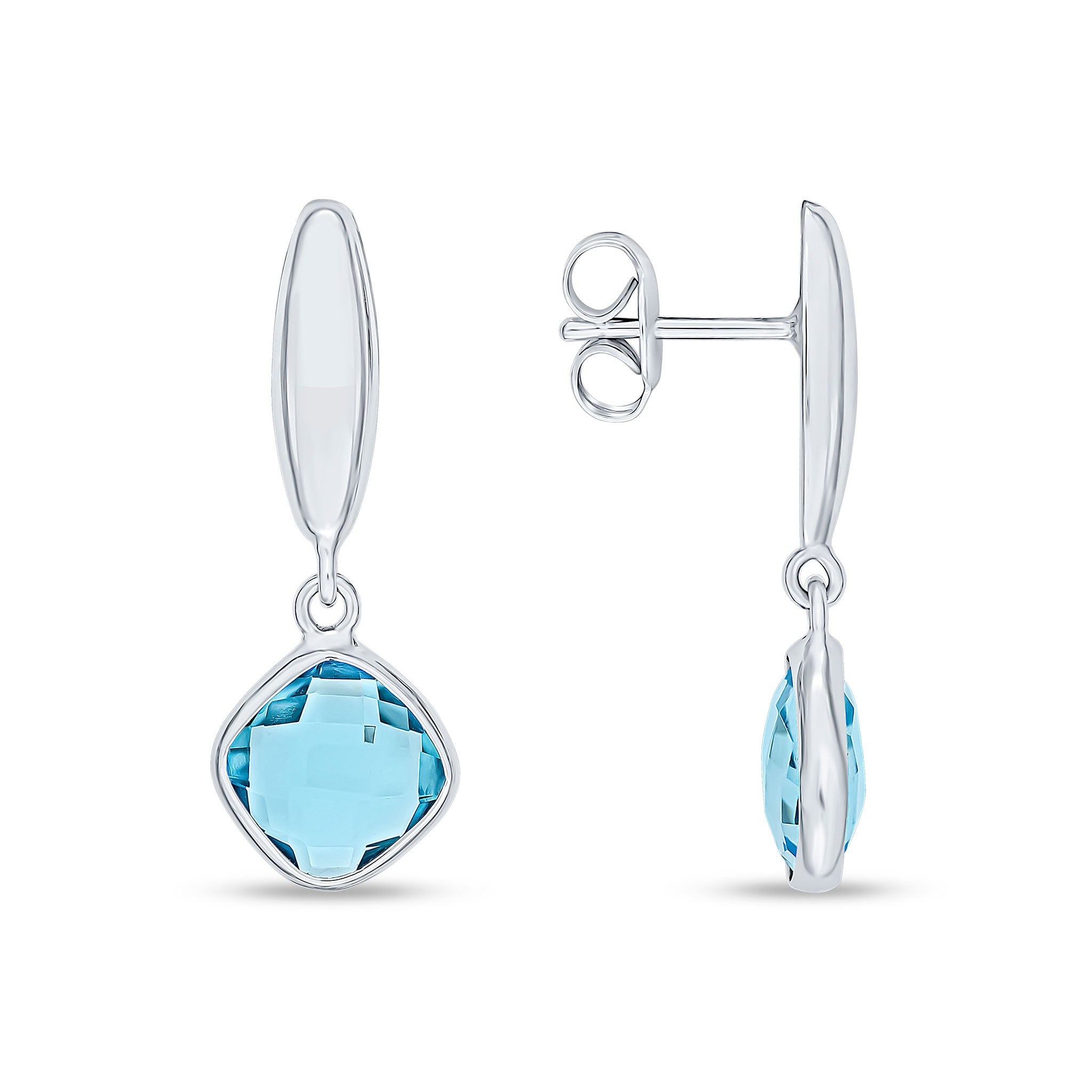 9CT WHITE GOLD CHECKERBOARD CUSHION BLUE TOPAZ AND POLISHED TORPEDO TOP DROP EARRINGS