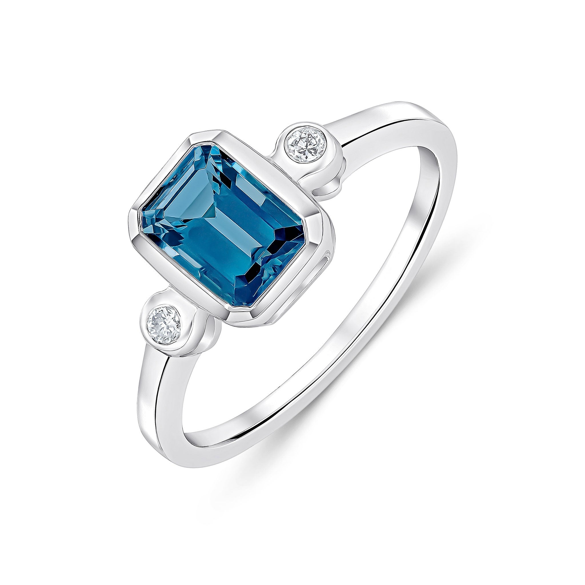 9CT WG 7X5 OCTAGON LONDON BLUE TOPAZ AND ROUND DIAMOND 3ST RUBOVER RING