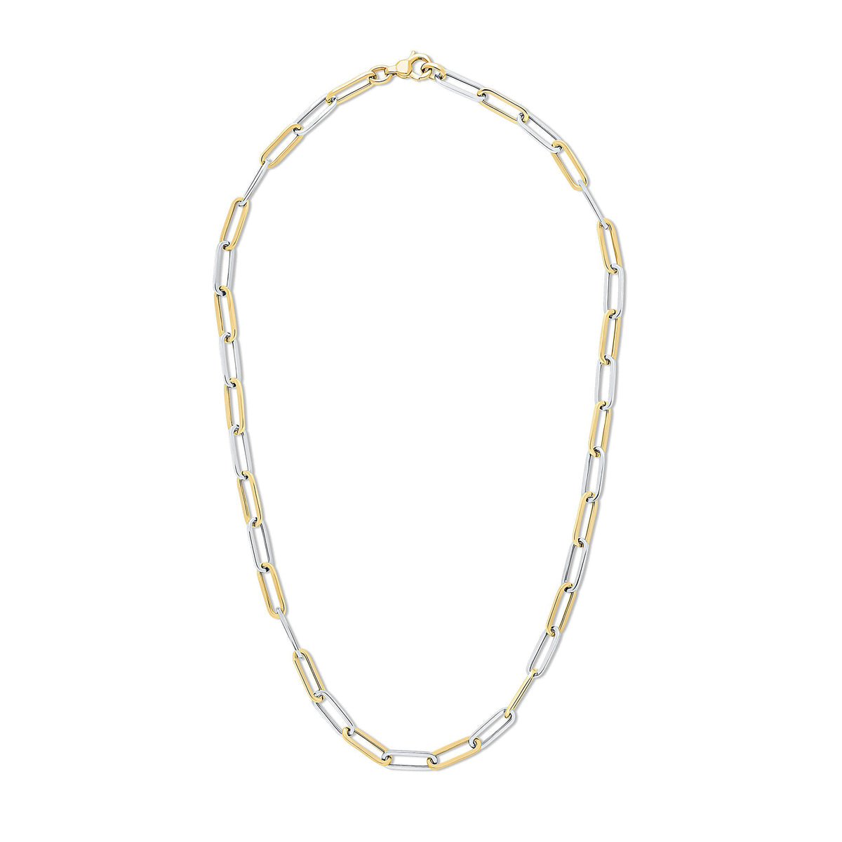 9CT YELLOW AND WHITE GOLD OVAL PAPERCHAIN LINK NECKLACE. 18 INCHES