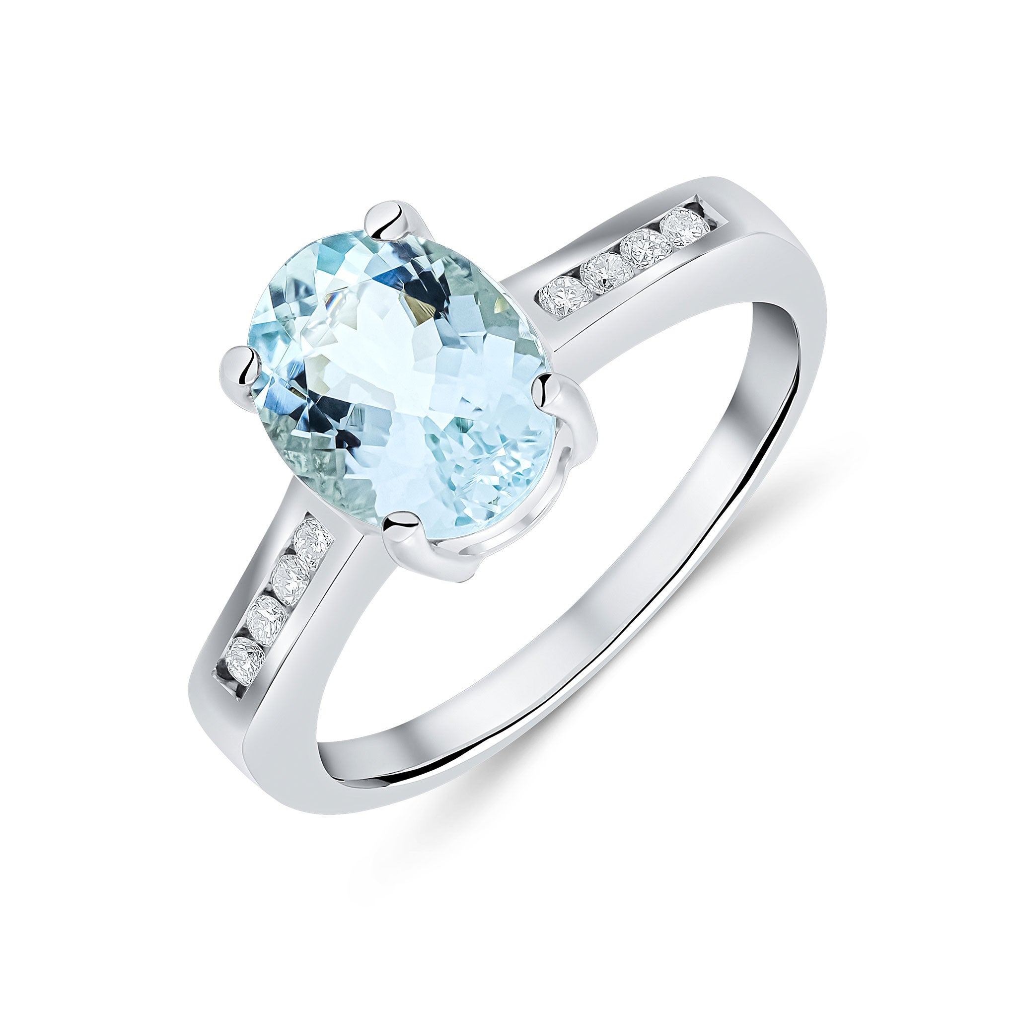 9CT WG 9X7MM CLAW SET OVAL AQUA SINGLE STONE RING WITH CHANNEL SET DIAMOND SHOULDERS