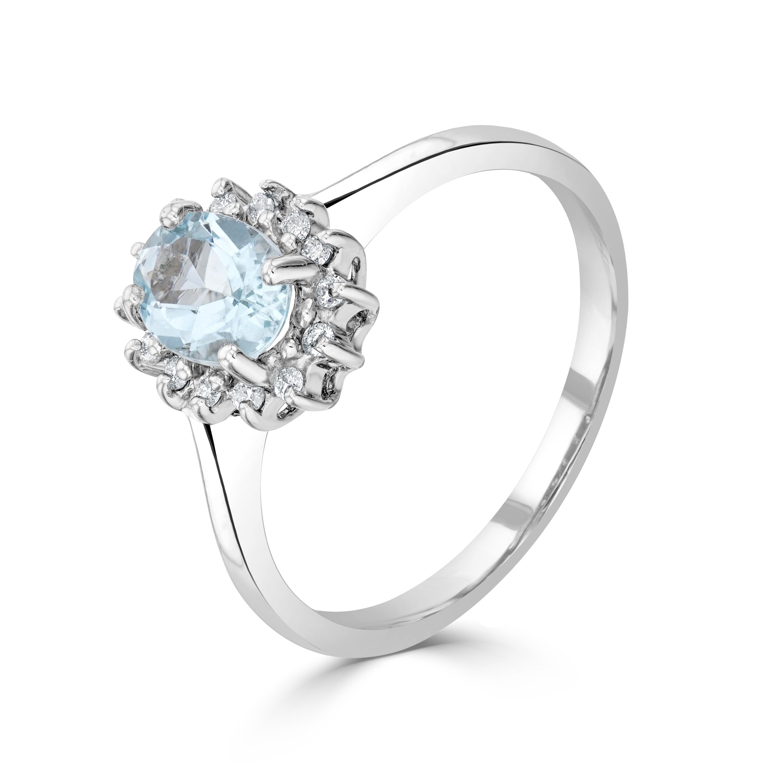 9CT WG 7X5 OVAL AQUA & DIAMOND CLAW SET CLUSTER RING