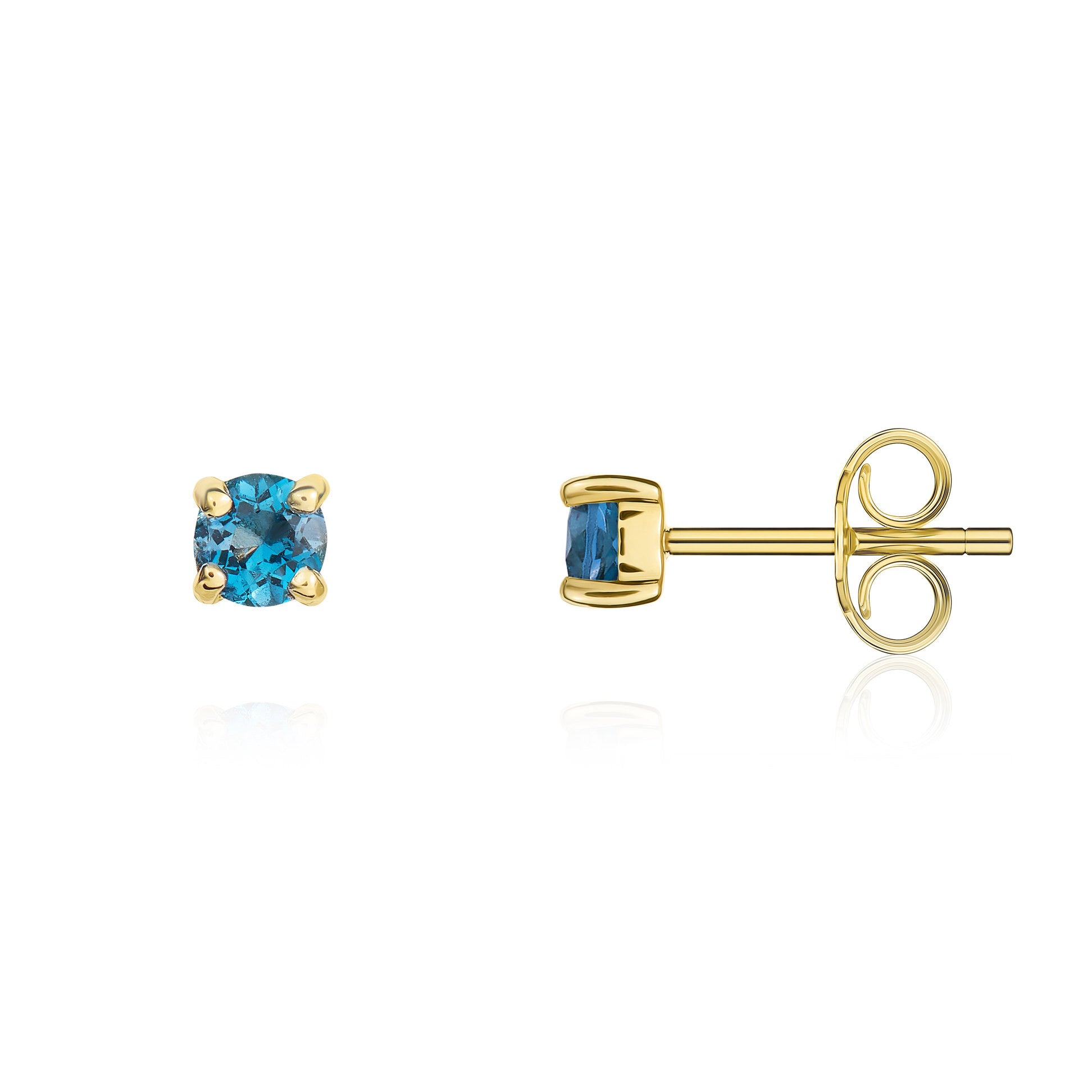 9CT YG 3MM ROUND LONDON BLUE TOPAZ CLAW STUD EARRINGS