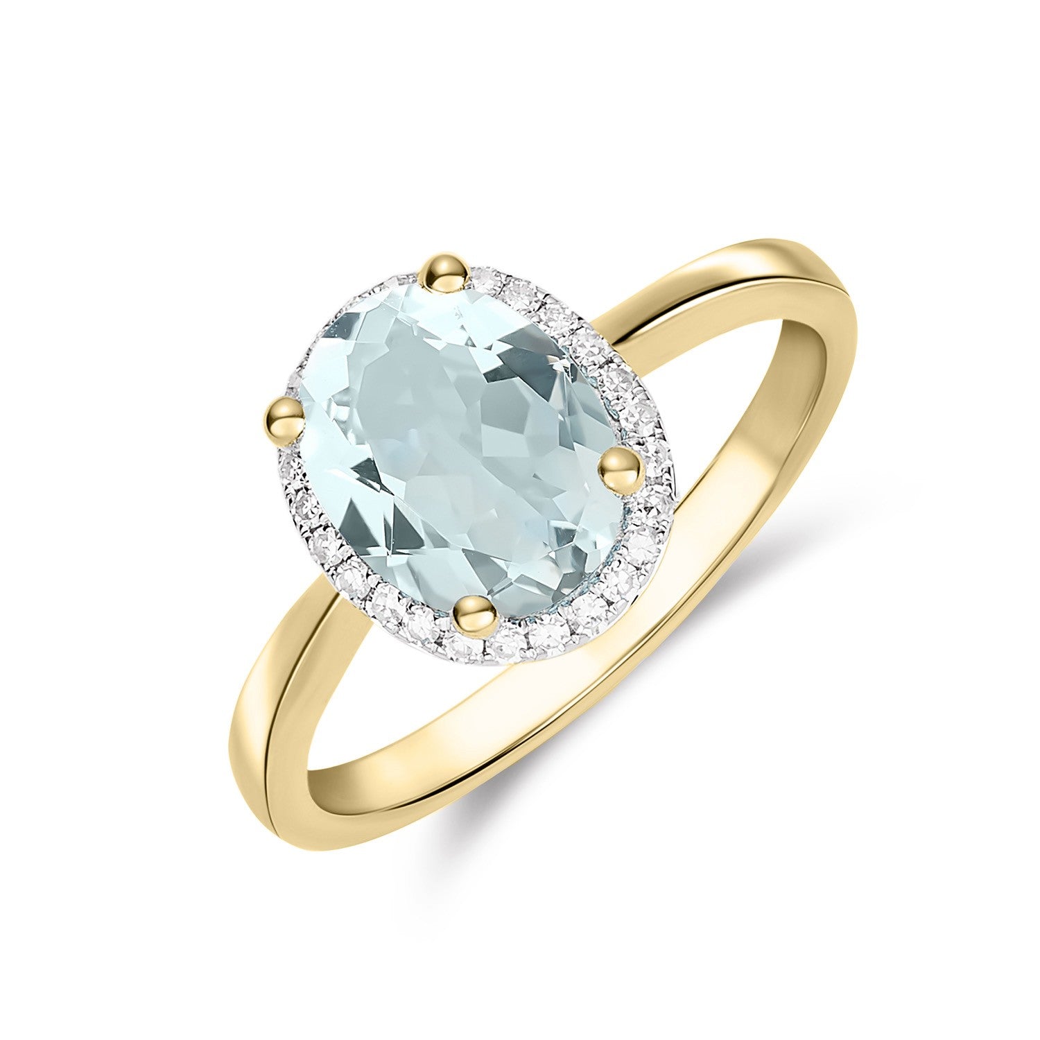 9CT YG 9X7 OVAL AQUAMARINE & DIAMOND CLAW SET CLUSTER RING. RHODIUM TO DIAMONDS