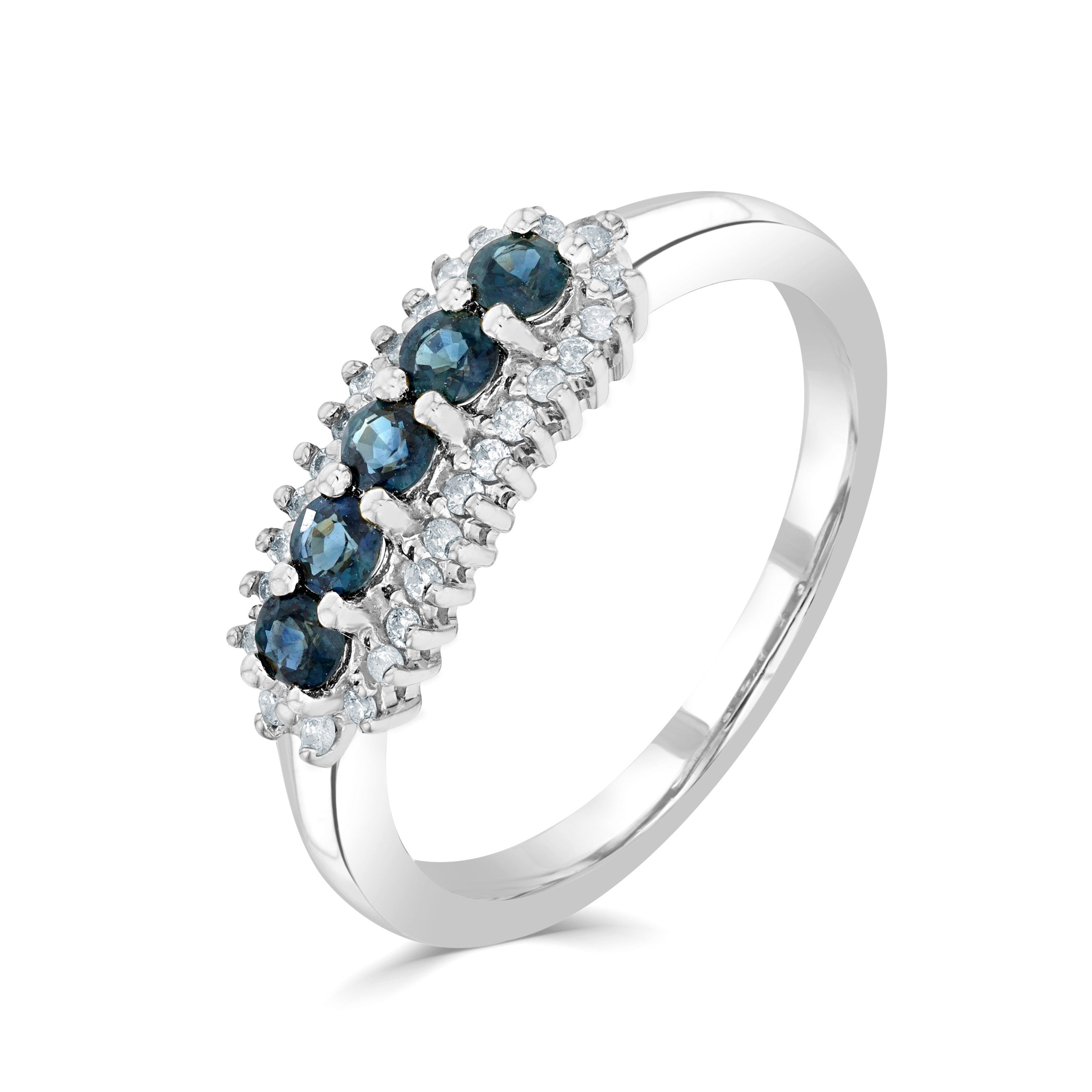 9CT WG ROUND SAPPHIRE AND ROUND DIAMOND 3 ROW CLAW SET BAND RING.