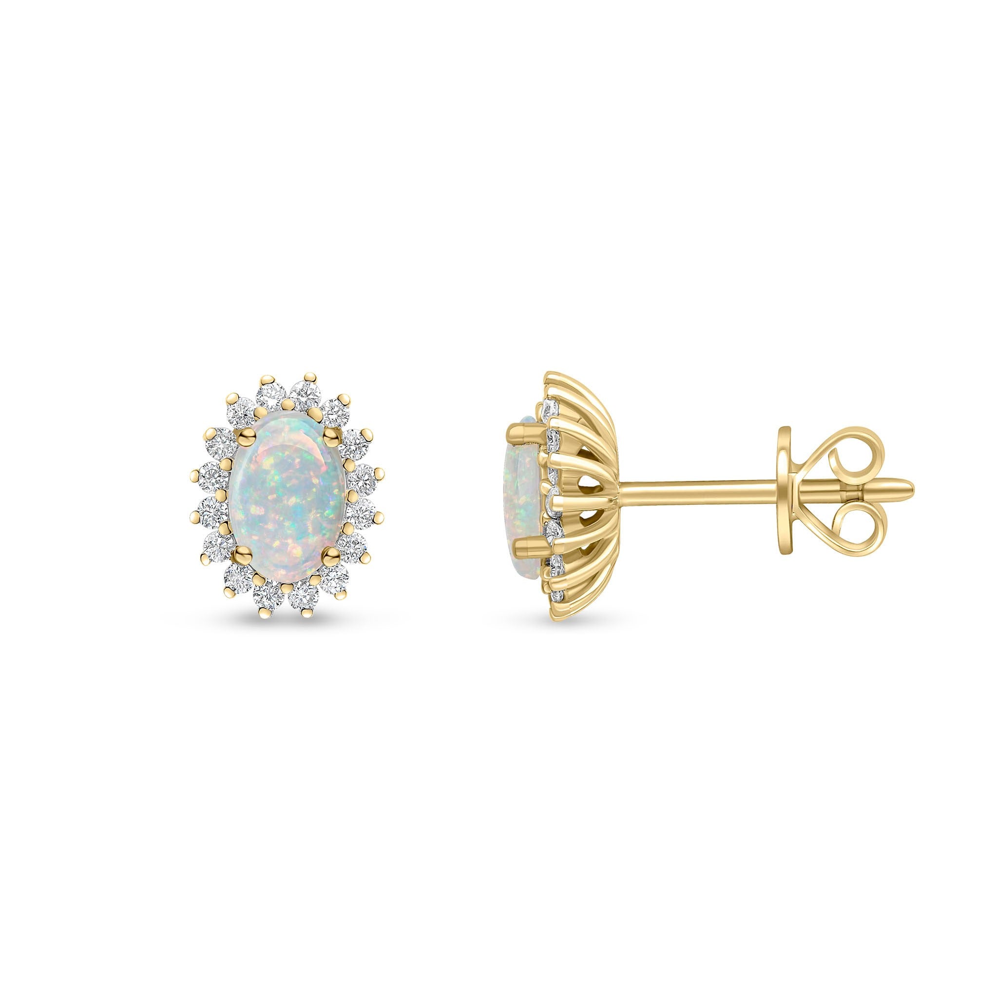 18CT YG 6X4 OVAL OPAL & DIAMOND CLAW CLUSTER EARRINGS