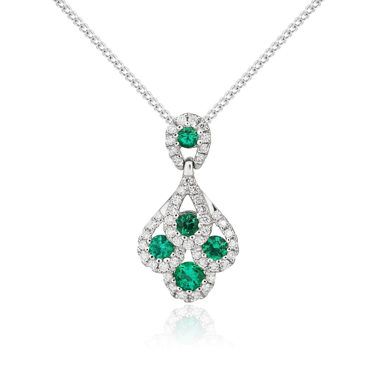 18CT WG ROUND EMERALD AND DIAMOND 'PEACOCK' PENDANT