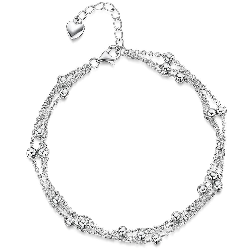 Sterling Silver Multi-Strand Beaded Bracelet | Double Chain Layered Bead Bracelet